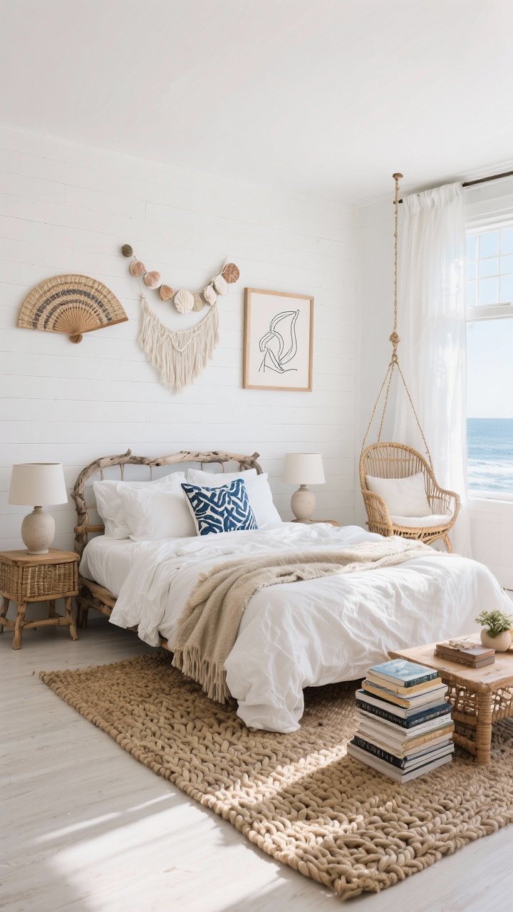 Wide room shot, Coastal Boho Breeze: white shiplap or plaster walls, driftwood-toned bed; casually layered crumpled white linen bedding with a seagrass-toned throw and indigo block-print pillows; chunky braided wool rug; wicker nightstands with simple ceramic lamps; textural neutral wall decor—woven fan, shell garland, and abstract line art in thin wood frames; sheer white curtains billowing at windows; rattan hanging chair with cotton cushion in corner; stack of coastal coffee table books. Photorealistic, bright coastal daylight, airy feel, slightly angled perspective.