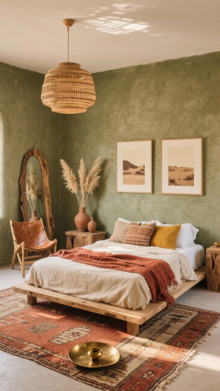 Wide room shot, Desert Nomad boho bedroom with matte olive plaster walls that resemble sun-baked clay; low natural oak platform bed with creamy stonewashed linen sheets and a rust-colored throw; chunky wood nightstands; a leather sling chair; overhead woven rattan pendant casting dappled, warm light; vintage kilim rug at the foot of the bed in terracotta, sand, and mustard; mudcloth pillows; clay vases with pampas grass; raw-edge wood mirror leaning on wall; hammered brass tray on nightstand; two oversized framed sepia desert prints; color palette olive, terracotta, sand, brass, creamy white; serene, minimal styling; photorealistic, late afternoon sun filtering softly.