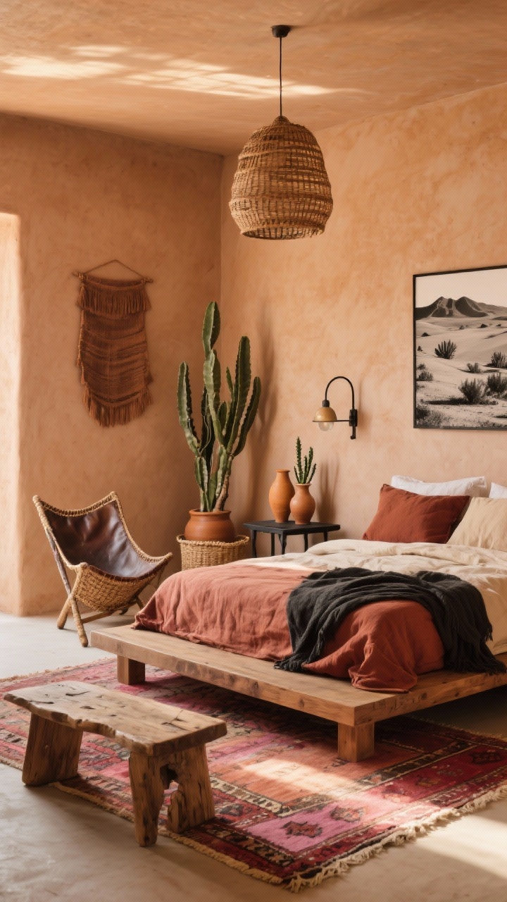 Wide room shot, Desert Nomad Sanctuary: A masculine boho bedroom with a clay-colored or warm sand limewash accent wall, earthy palette of terracotta, camel, tobacco, and bone. Low-profile walnut platform bed dressed in stonewashed linen: rust duvet, almond sheets, charcoal throw. Vintage kilim rug with faded reds and desert pinks warming the floor. Materials visible: raw wood bench, woven jute basket, distressed leather sling chair, blackened metal side table. Lighting includes an iron wall sconce on dimmer and a woven rattan pendant casting soft shadows. Art: black-and-white desert landscapes and a large clay wall hanging. Cluster of ceramic vases in muted ochre on the side table; architectural plants like a snake plant and euphorbia. Golden-hour natural light for a sunbaked, rugged feel. Photorealistic, corner angle.