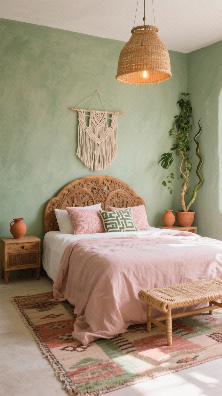Wide room shot, Desert Rose Sanctuary: a serene boho bedroom with sage-green walls and a carved mango wood arched headboard behind a bed dressed in a blush linen duvet that puddles at the edges. Terracotta pottery sits on both nightstands, a kilim rug blending dusty pinks, olive, and rust anchors the floor. Overhead, a rattan drum pendant with warm bulbs casts soft light. Block-printed throw pillows in blush and moss on the bed, a tall snake plant and trailing pothos in clay pots beside the bed. A macramé wall hanging centered above the headboard, and a woven bench at the foot of the bed. Natural morning light, airy, warm, grounded, photorealistic.