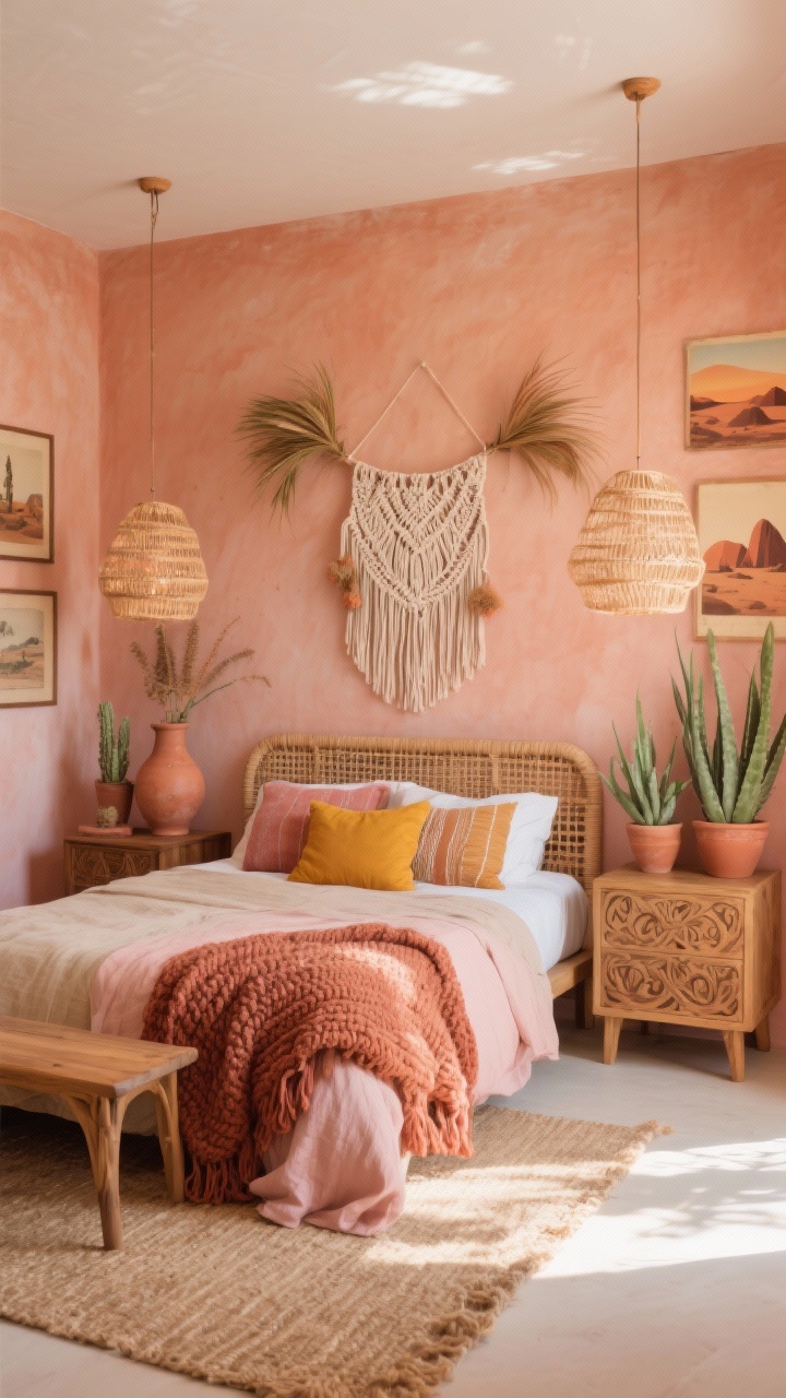 Wide room shot, Desert Sunrise Sanctuary: A sunlit boho bedroom with peachy terracotta walls and a low-profile rattan bed layered in sand, rust, and blush linens; a chunky knit throw at the foot, jute rug underfoot; carved mango wood nightstands on both sides; a pair of woven pendant lights casting dappled light across raffia and rattan textures; accents of coral, clay, and marigold in pillows and throws; macramé wall hanging above the headboard; dried palm fronds in a clay vase, vintage desert prints on the wall; cluster of aloe and jade plants in terracotta pots; airy, grounded mood, morning natural light, no people, photorealistic.
