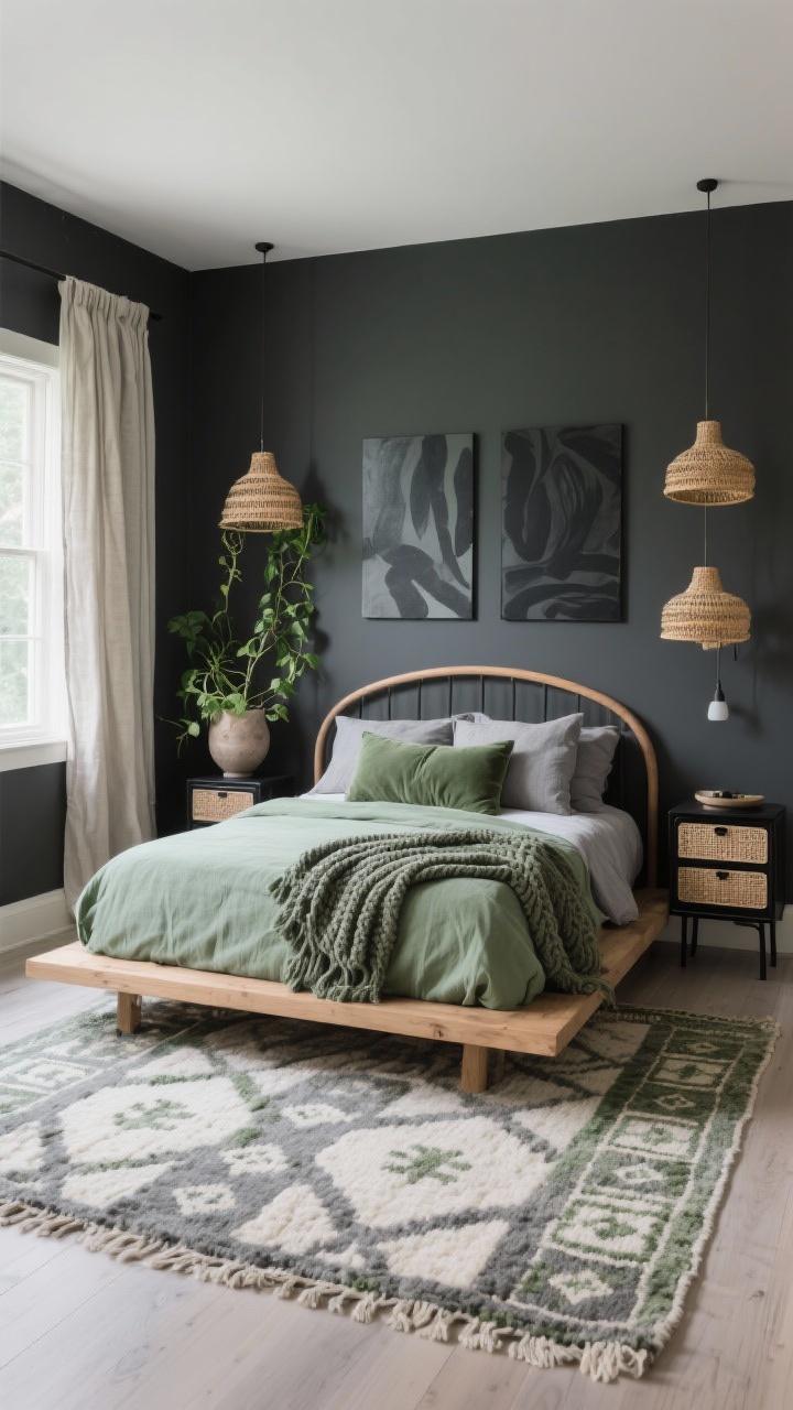 Wide room shot, Soft Sage & Charcoal Oasis: a moody-yet-fresh boho bedroom with charcoal-painted walls and a low natural wood platform bed with a gently curved headboard. Bedding features a soft sage green duvet, stone-gray linen pillows, and a chunky knit throw; add a sage velvet bolster. On the floor, a hand-knotted Moroccan rug in gray, cream, and faded green. Minimal matte-black metal nightstands with cane-front drawers. Lighting is a trio of woven rattan pendants hung at staggered heights over one side of the bed. Decor includes a low ceramic planter with trailing pothos and two oversized charcoal abstract prints on the wall. Linen curtain panels at the window, soft natural morning light, photorealistic, no people.