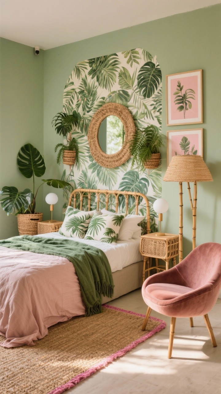 Wide room shot, straight-on: A jungle-chic boho bedroom with soft sage green walls and a bold tropical-leaf wallpaper on the headboard wall. A low, cozy bed is dressed in a blush linen duvet, layered with moss-green throws and palm-print cushions. Slim rattan nightstands flank the bed, each holding simple white globe lamps. In the corner, a curvy velvet chair in dusty rose sits beside a bamboo floor lamp casting a warm glow. Underfoot, a flatweave jute rug with a pink border anchors the space. Oversized framed botanical prints in muted pinks and greens hang above, with a raffia mirror above the bed, woven baskets housing monstera and fern plants. Photorealistic, golden-hour ambient lighting, airy boutique feel, no people.