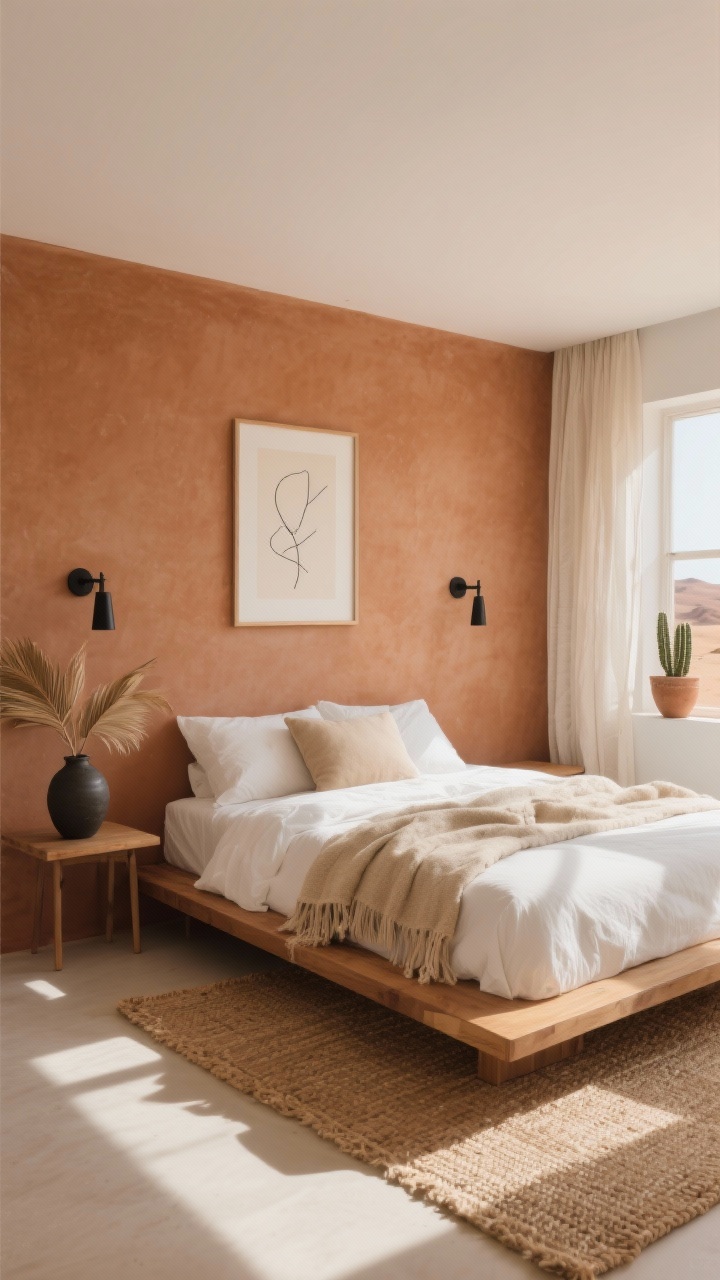 Wide room shot, Sun-Drenched Desert Minimal: a serene modern boho bedroom flooded with warm afternoon light; low-profile oak platform bed centered against a clay-tinted accent wall; crisp white linen bedding with a chunky sand-colored throw and raw-edge throw pillows; woven jute area rug under the bed; minimalist black metal sconces on either side (one visible, slim profile); one nightstand styled with a single matte ceramic vase holding dried palm leaves, the other uncluttered; small cactus in a clay pot on the windowsill; cotton gauze curtains in bone filtering sunlight; framed minimalist line art on the wall; palette of terracotta, sand, bone, and matte black; clean lines, airy surfaces, no clutter; photorealistic.
