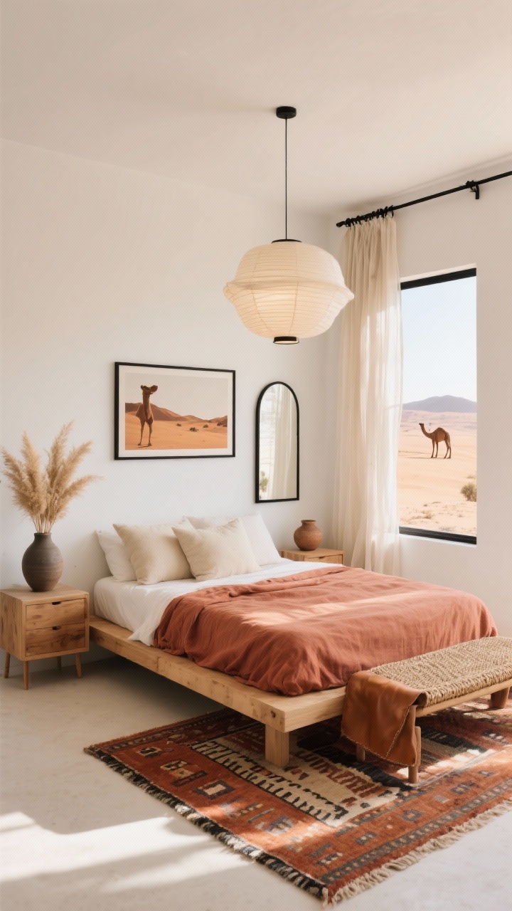 Wide room shot, Sun-Kissed Desert Minimalism: a serene boho modern bedroom with crisp white walls and a sun-baked palette of terracotta, sand, and soft clay; a low light-oak platform bed dressed in muted rust linen duvet, layered with a Beni Ourain–style rug beneath; floating wood nightstands with hand-thrown pottery and a matte ceramic vase holding dried pampas grass; a woven leather bench at the foot of the bed; a sculptural paper lantern pendant floating above for soft, cloud-like light; slim black metal curtain rods with gauzy sheer curtains catching afternoon sunlight; a minimal black-framed mirror and a framed desert landscape print; camel and ivory oversized pillows; shot from a corner angle, photorealistic, warm natural light.