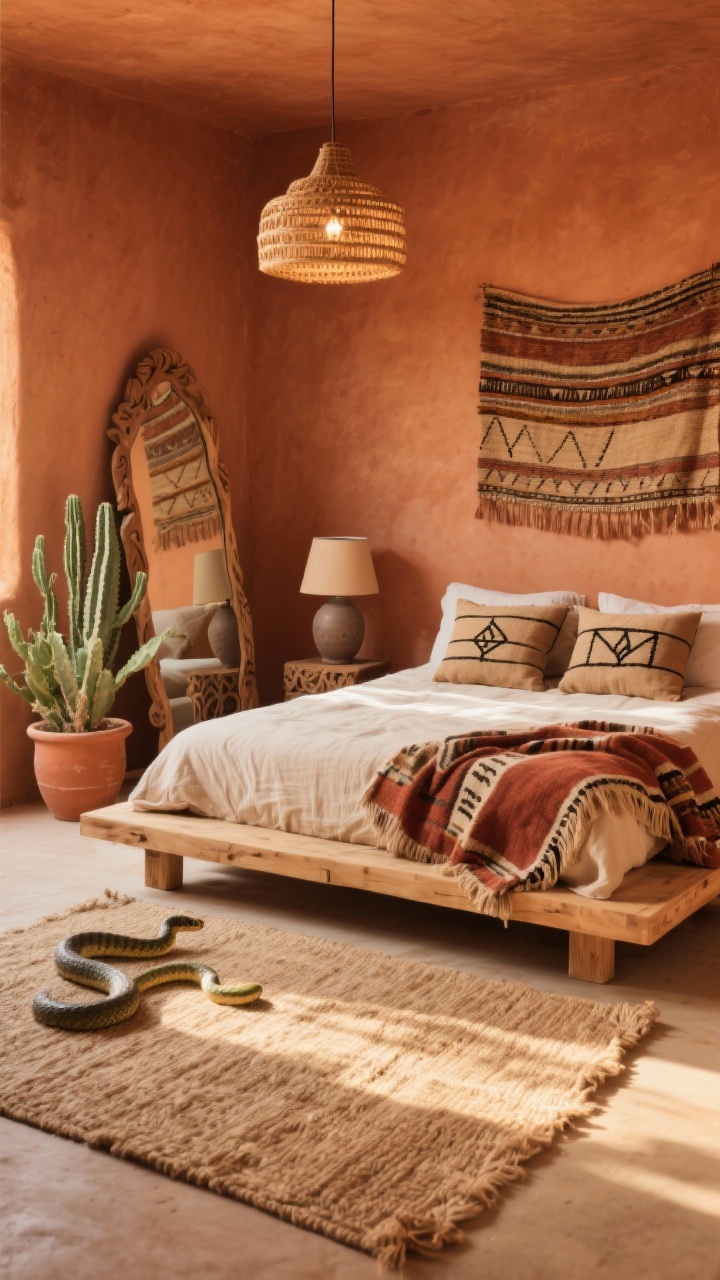 Wide room shot, Sun-Washed Desert Nomad bedroom: terracotta walls, low natural-wood platform bed with linen bedding in sand, rust, and clay; oversized handwoven jute rug; carved mango-wood floor mirror leaned against wall; layered mudcloth pillows with thin black tribal lines; warm lighting from rattan pendant and a matte ceramic bedside lamp; cacti and snake plants in terracotta pots; woven wall hanging above the bed; vintage kilim throw at the foot. Photorealistic, golden late-afternoon light, slightly dusty desert ambiance, straight-on view.