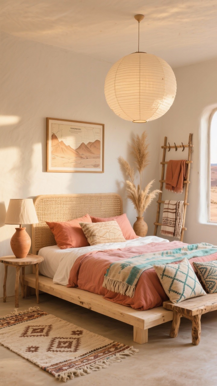 Wide shot of a sun-washed desert boho bedroom at golden hour: low platform bed in light wood with a woven jute headboard, linen bedding in terracotta, adobe pink, dusty peach, and sun-bleached beige, a mudcloth throw layered on top. Two rugs: flatwoven cotton base with a casually tossed patterned Kilim runner. Oversized paper lantern pendant overhead and a clay table lamp with a soft linen shade on a small table. Art includes framed vintage desert maps; decor features a rustic ceramic vase and dried pampas grass. A narrow ladder shelf holds blankets, a raw-edge wood bench sits at the foot of the bed, a peg rail with a draped Turkish towel, and hand-loomed pillows in faded geometric prints. Subtle turquoise accents, soft natural light, no people, photorealistic.