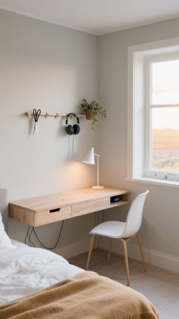 Wide shot, Scandinavian Sunrise Nook: a pale oak floating desk tucked under a window, soft morning natural light, curved white chair, slim cone task lamp casting a warm glow; walls in soft greige, crisp white bedding with a buttery camel throw on a bed adjacent to the desk; shallow desk drawer with cable cutouts slightly open, tech tucked away; wall-mounted peg rail above the desk holding scissors, headphones, and a tiny hanging plant; palette of greige, oat, white, and camel with light wood, linen, and matte ceramic textures; clean, warm, airy mood, photorealistic.