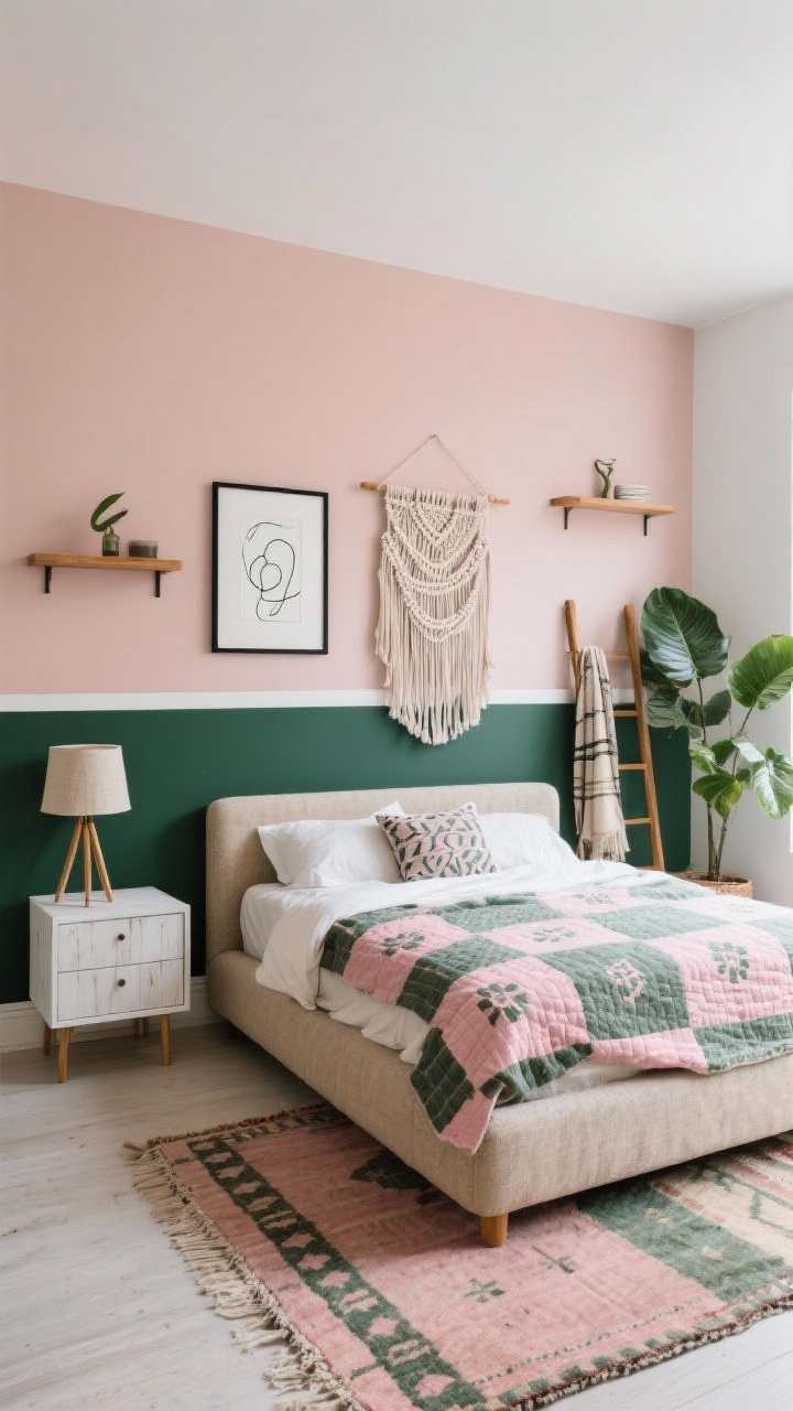 Wide shot, slightly elevated angle: Modern craft boho bedroom with color-blocked walls—deep forest green on the lower third, pale blush above, separated by a thin white stripe. An upholstered platform bed in textured oatmeal is dressed with organic cotton sheets and a block-printed quilt in pink and sage. Minimalist wall-mounted nightstand shelves float on either side. A whitewashed wood dresser holds black-framed abstract line drawings above it. A tripod floor lamp with a linen shade stands near a simple oak ladder draped with throws. The floor features a handwoven kilim in dusty pink and olive, and a large macramé wall hanging softens the geometry. Snake plant and ZZ plant add sculptural greenery. Photorealistic, soft natural daylight, clean lines with artisanal textures, no people.