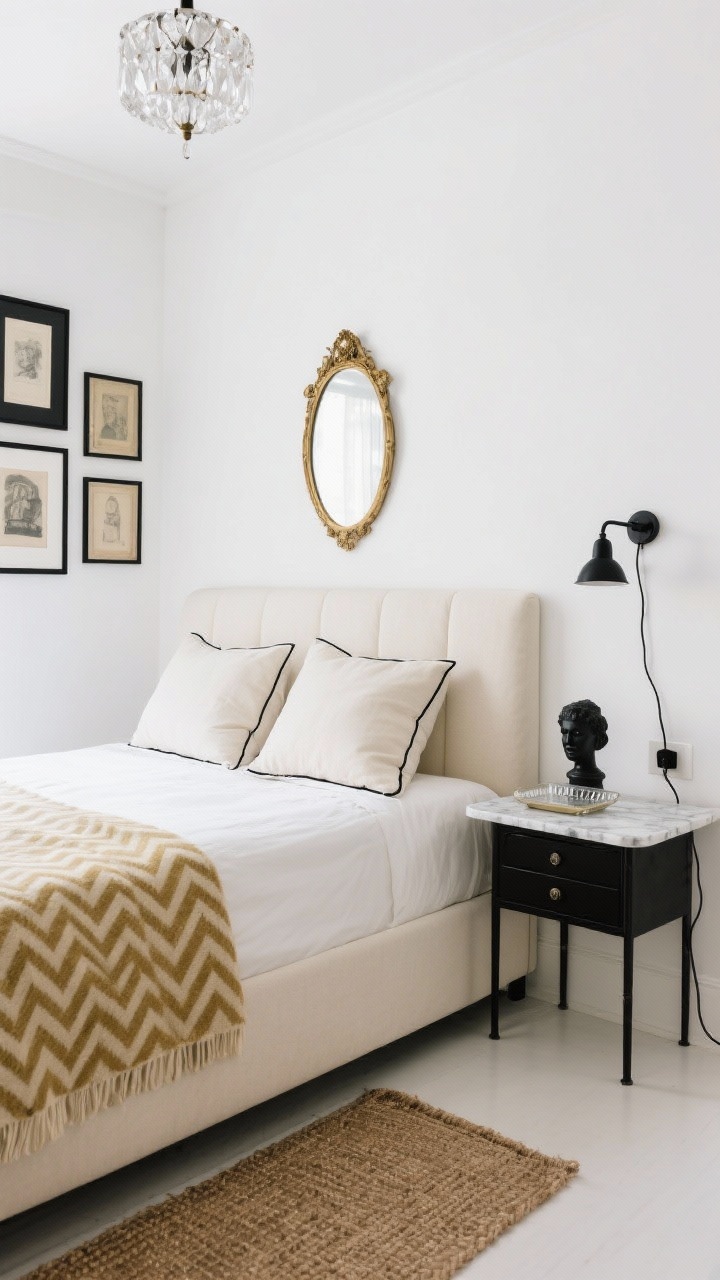 Wide shot, straight-on: A petite Parisian-inspired bedroom with crisp white walls, a slim cream upholstered headboard, linen bedding in ecru, two euro pillows edged with black piping, and a herringbone throw. A narrow marble-topped floating nightstand on one side, a black corded plug-in wall sconce on the other, small crystal flush mount overhead. Black metal accents including a black metal underbed drawer, vintage prints in black frames, a small bust and glass tray on the nightstand, thin jute rug on bare floor, petite gilded mirror above the headboard. Palette: white, ecru, black, antique gold. Photorealistic, airy daylight.