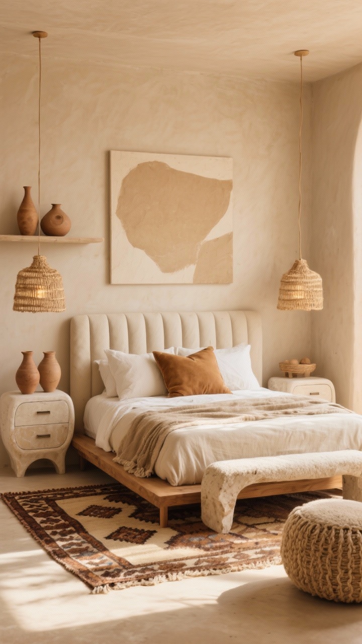 Wide shot, straight-on view: A Desert Luxe boho bedroom in warm neutrals with sand-colored limewash walls and a cream-and-mocha Moroccan Beni Ourain rug. A low-profile oak platform bed with a channel-tufted flax linen headboard is layered with stonewashed linen bedding in ecru and camel, plus an oversized suede lumbar pillow. Curved plaster nightstands with hidden drawers flank the bed, each with oversized woven raffia pendants hung low for a warm glow. A sculptural travertine bench sits at the foot of the bed. Decor includes a trio of desert clay vessels on a floating shelf and a large abstract sand-toned canvas. A neutral boucle lounge chair and chunky jute pouf complete the scene. Golden-hour natural light, photorealistic, quiet, sophisticated mood.