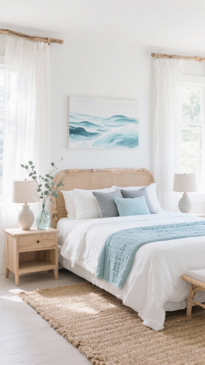 Wide straight-on view, Coastal Boho Calm: bright, airy bedroom with driftwood tones, sea-glass blues, and white; cane headboard on a bed dressed in airy white sheets with a sea-glass blue quilt and soft blue/gray throw pillows; pale oak nightstands with ceramic lamps topped by linen shades; lightweight white gauzy curtains hung high, flooding the room with natural light; textured sisal or seagrass rug grounding the floor; coastal abstract artwork hinting at waves above the headboard; glass bud vase with eucalyptus stems on a nightstand; palette of white, pale oak, sea-glass blue, and soft gray; uncluttered, soothing atmosphere; photorealistic.