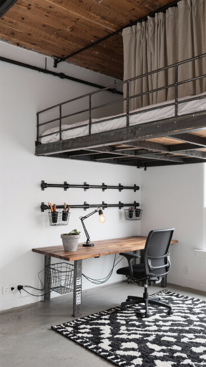 Wide under-loft workspace, Elevated Loft with Industrial Edge: raised metal-frame loft bed overhead, full office setup below with a raw-wood desk and matte black pipe shelving; black-and-white rug defining the zone; cords neatly routed via an under-desk raceway, magnetic power strip attached to a desk leg; labelled wire baskets and clip-on tool cups on shelf rails; cement-look planter, desk lamp with an exposed bulb; galvanized accents and warm wood tones; ceiling-mount curtain track partially drawn to close off the office area; bold, functional, photorealistic.