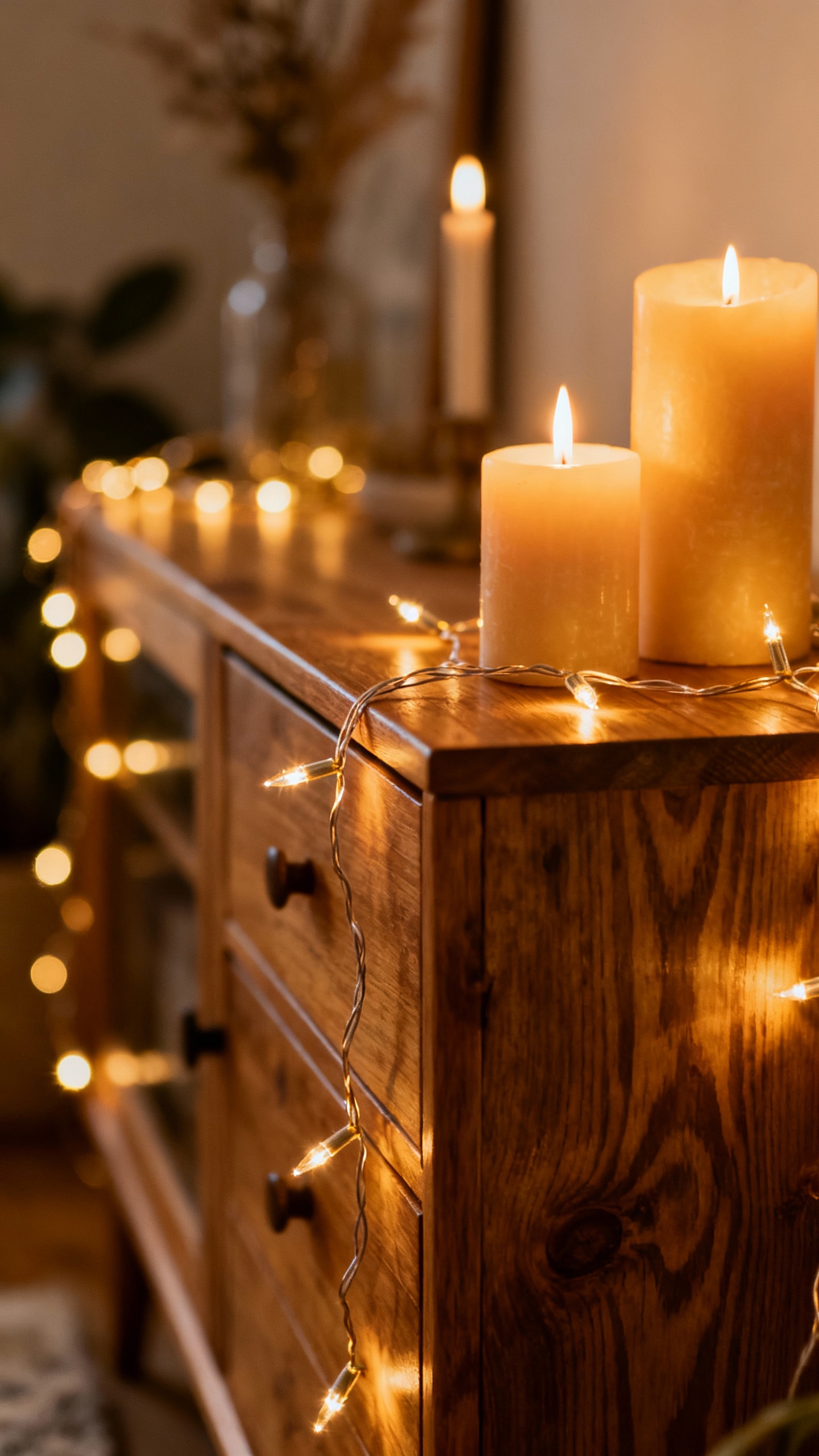 warm string lights and candles on wooden sideboard