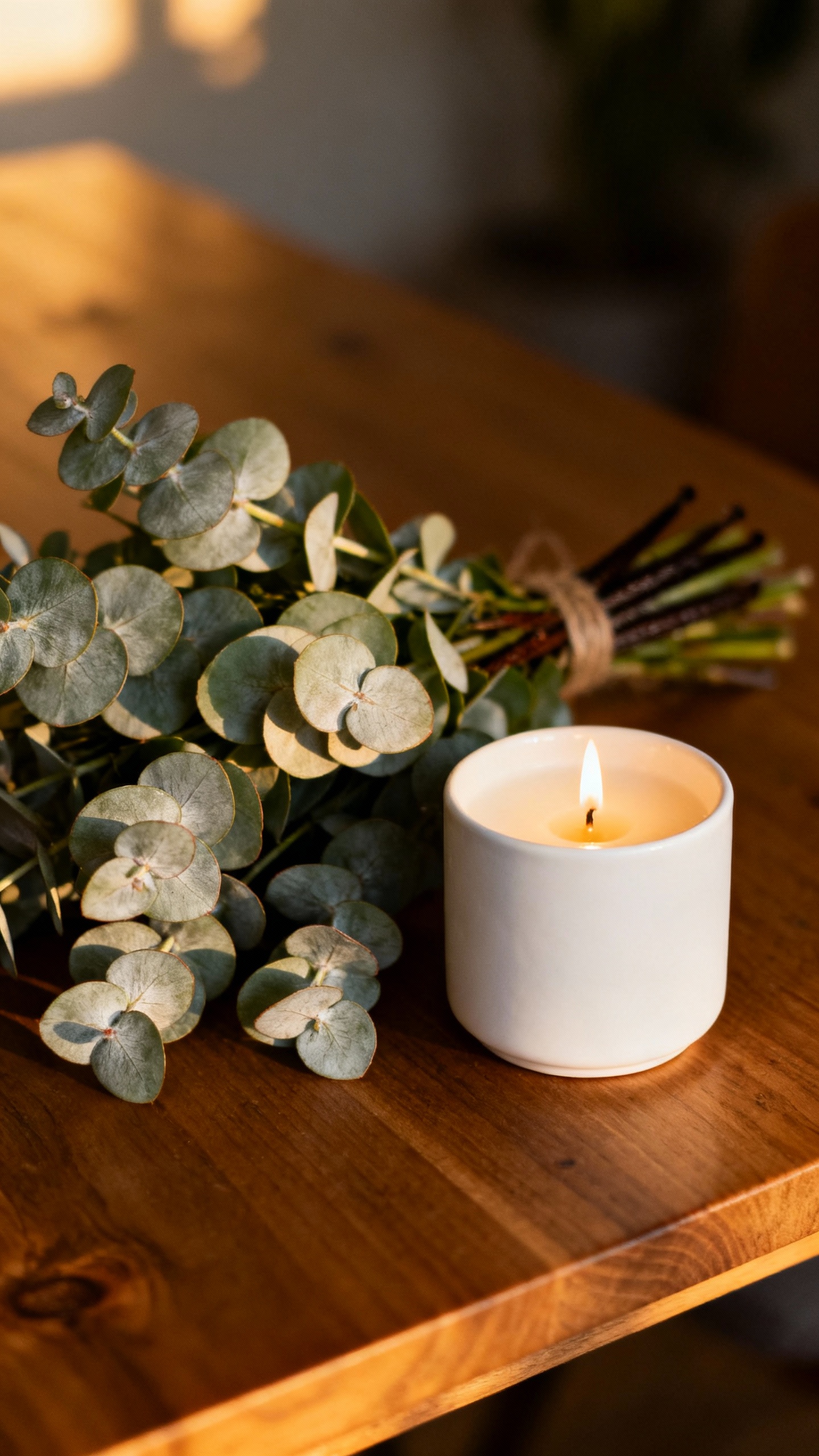 eucalyptus bouquet beside vanilla candle, soft evening light