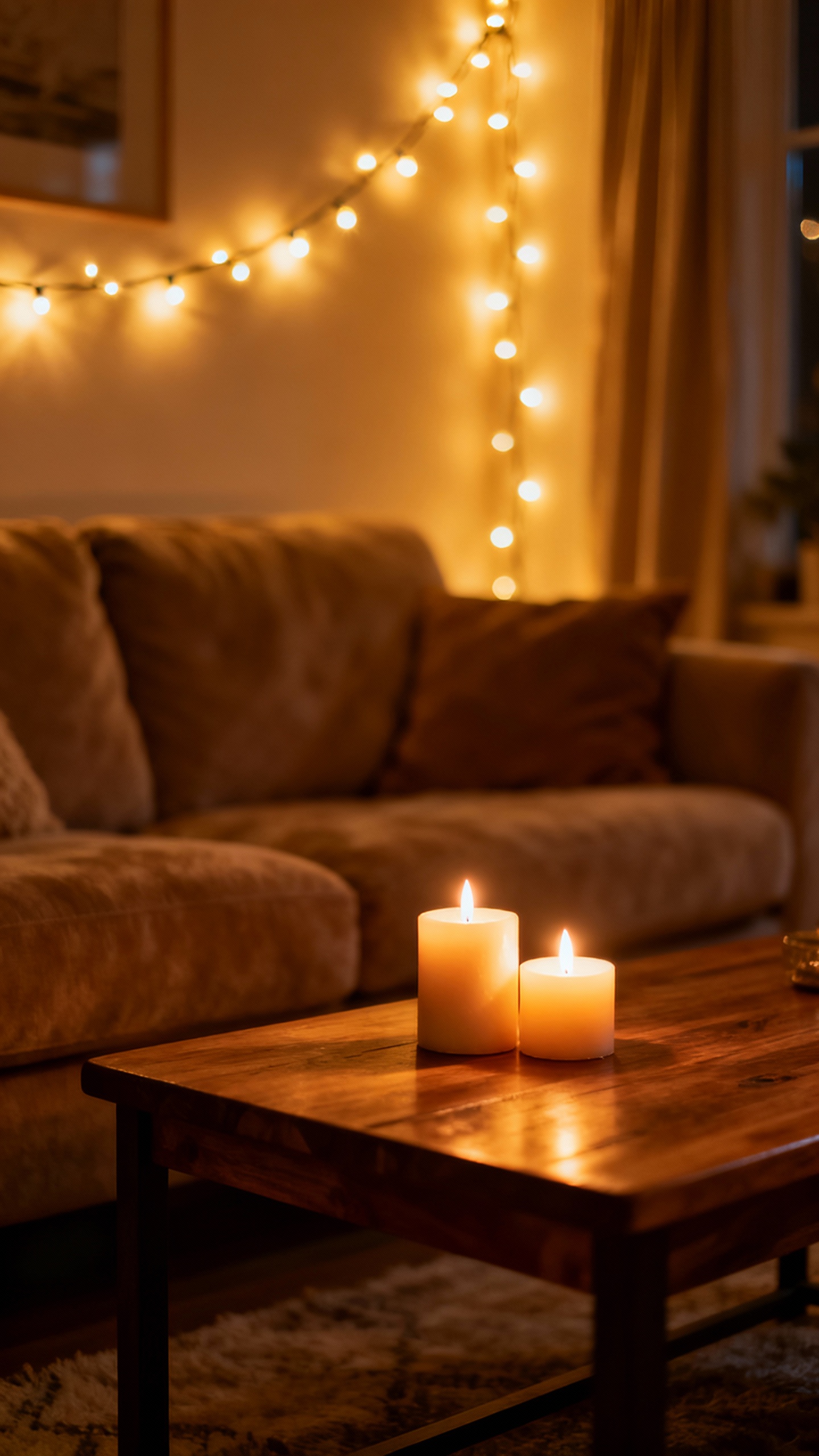 warm string lights and unscented candles in cozy living room