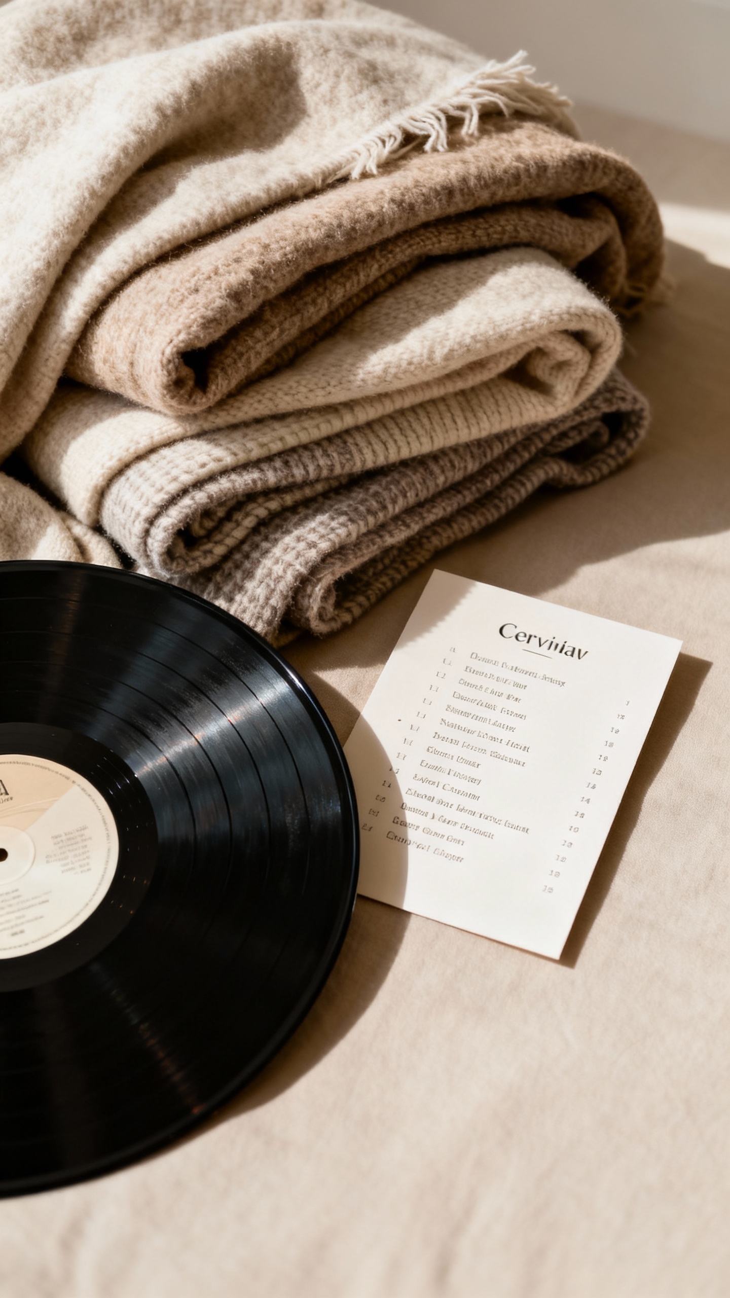 curated vinyl and playlist card beside throw blanket pile