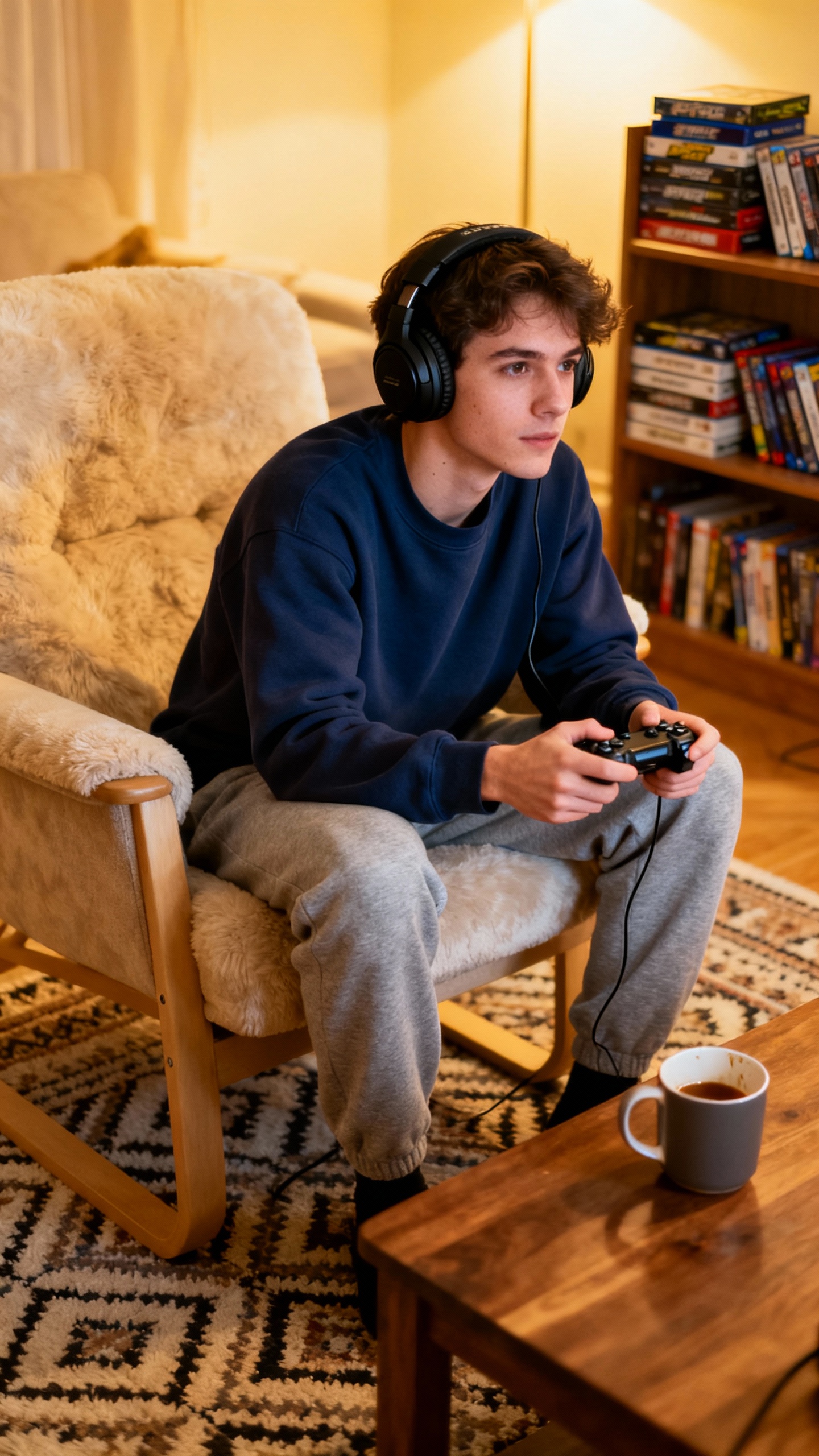 Cozy living room, person in sweats gaming with headphones