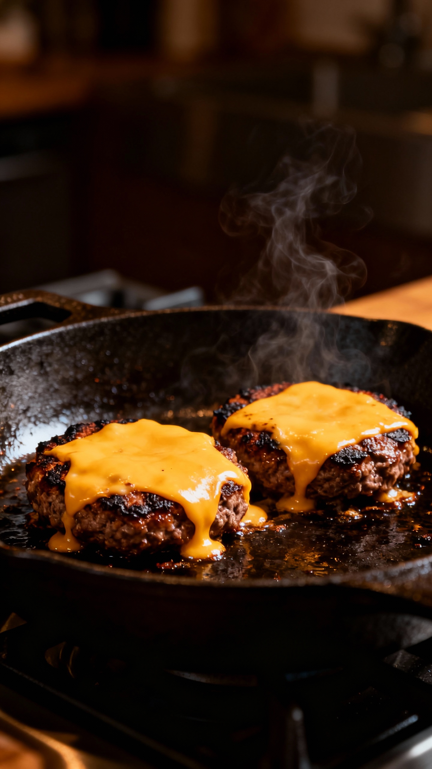 Cast-iron skillet smash burgers, sizzling, moody kitchen lighting