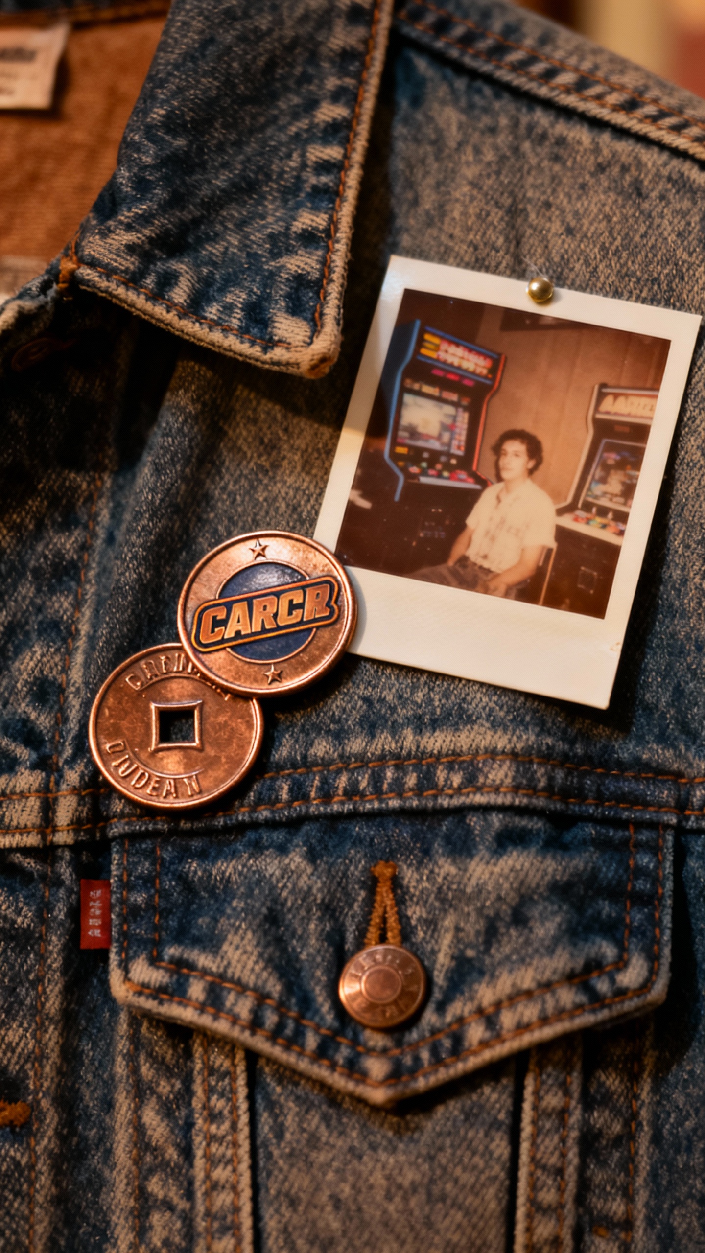 retro arcade tokens and polaroids on denim jacket