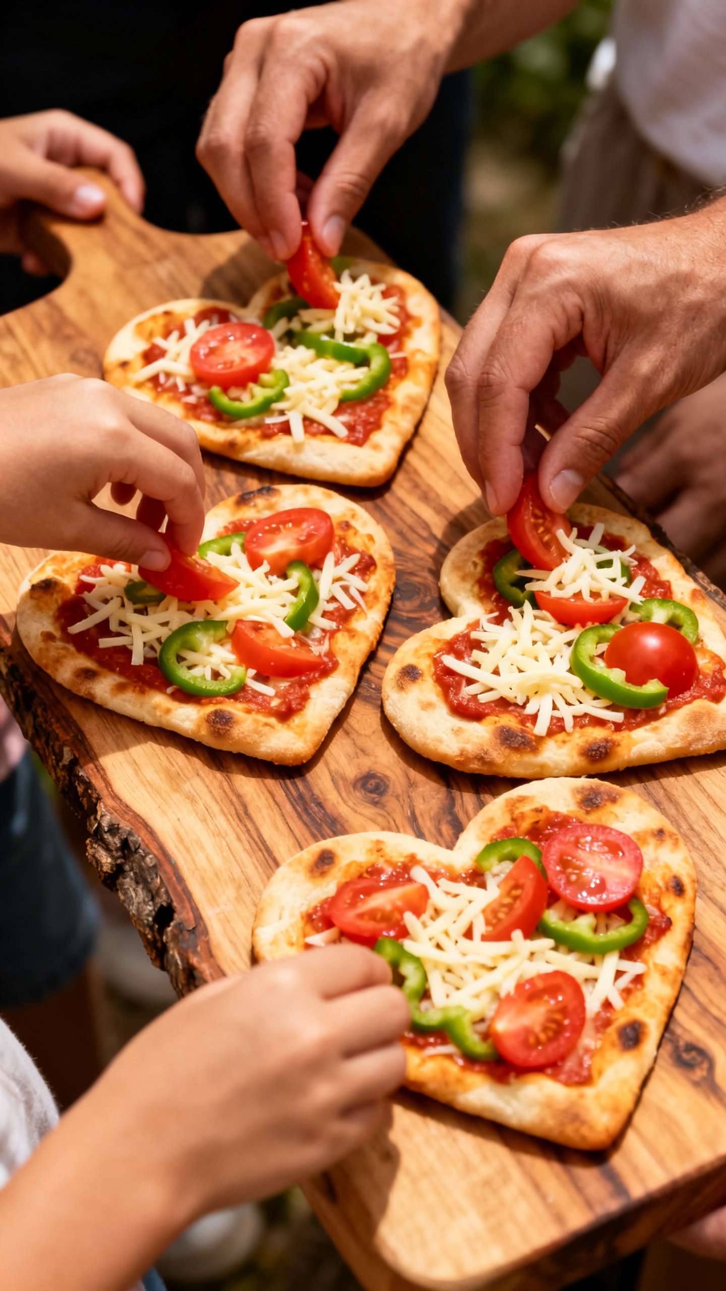 Heart-shaped personal pizzas on wooden board, family hands adding toppings