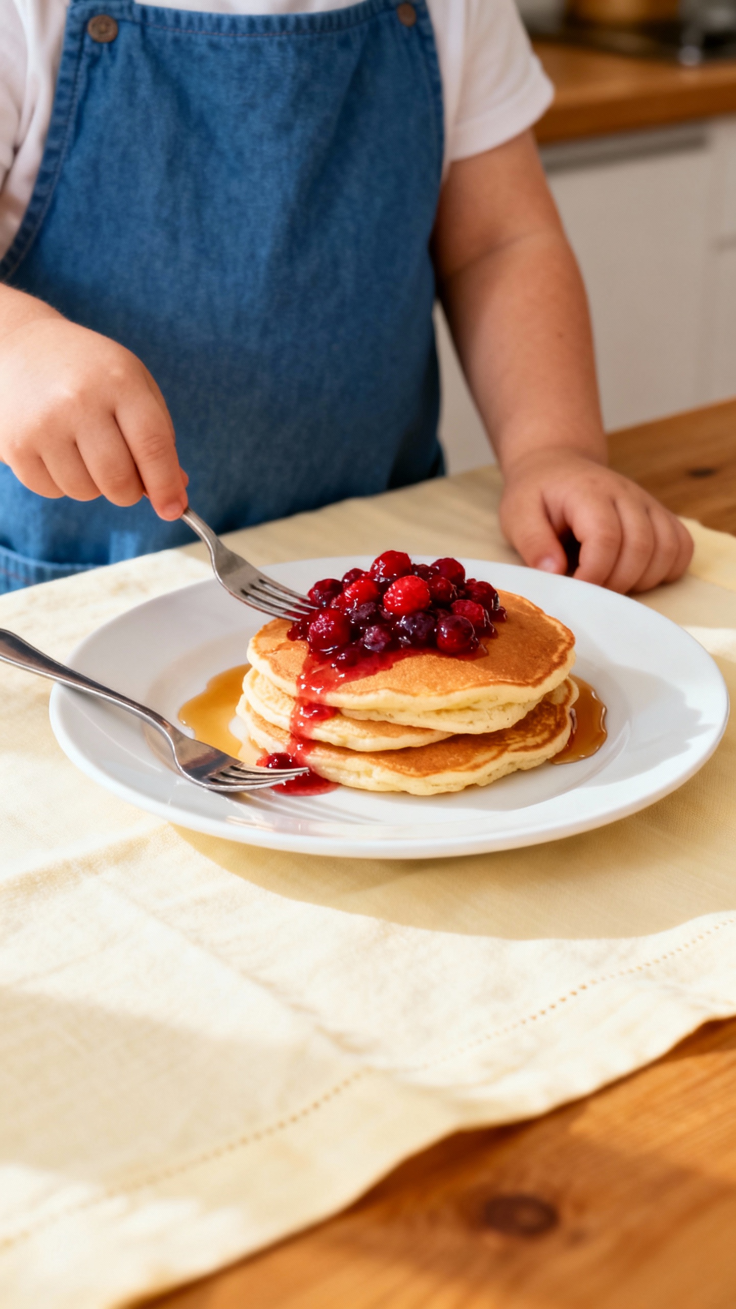 Pancakes with berry compote on white plates, kid setting table