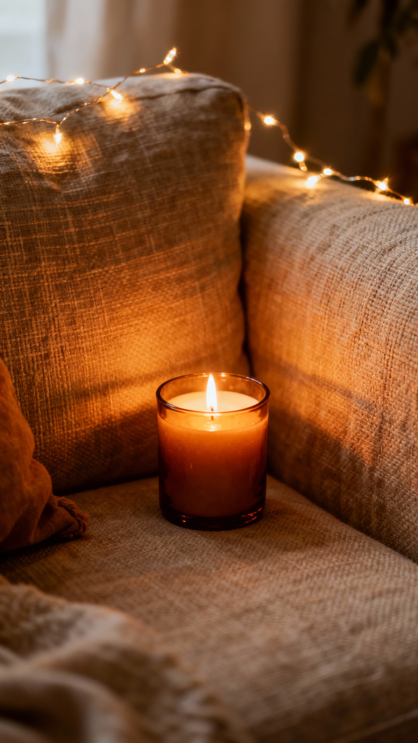 amber candlelight and fairy lights on cozy linen sofa