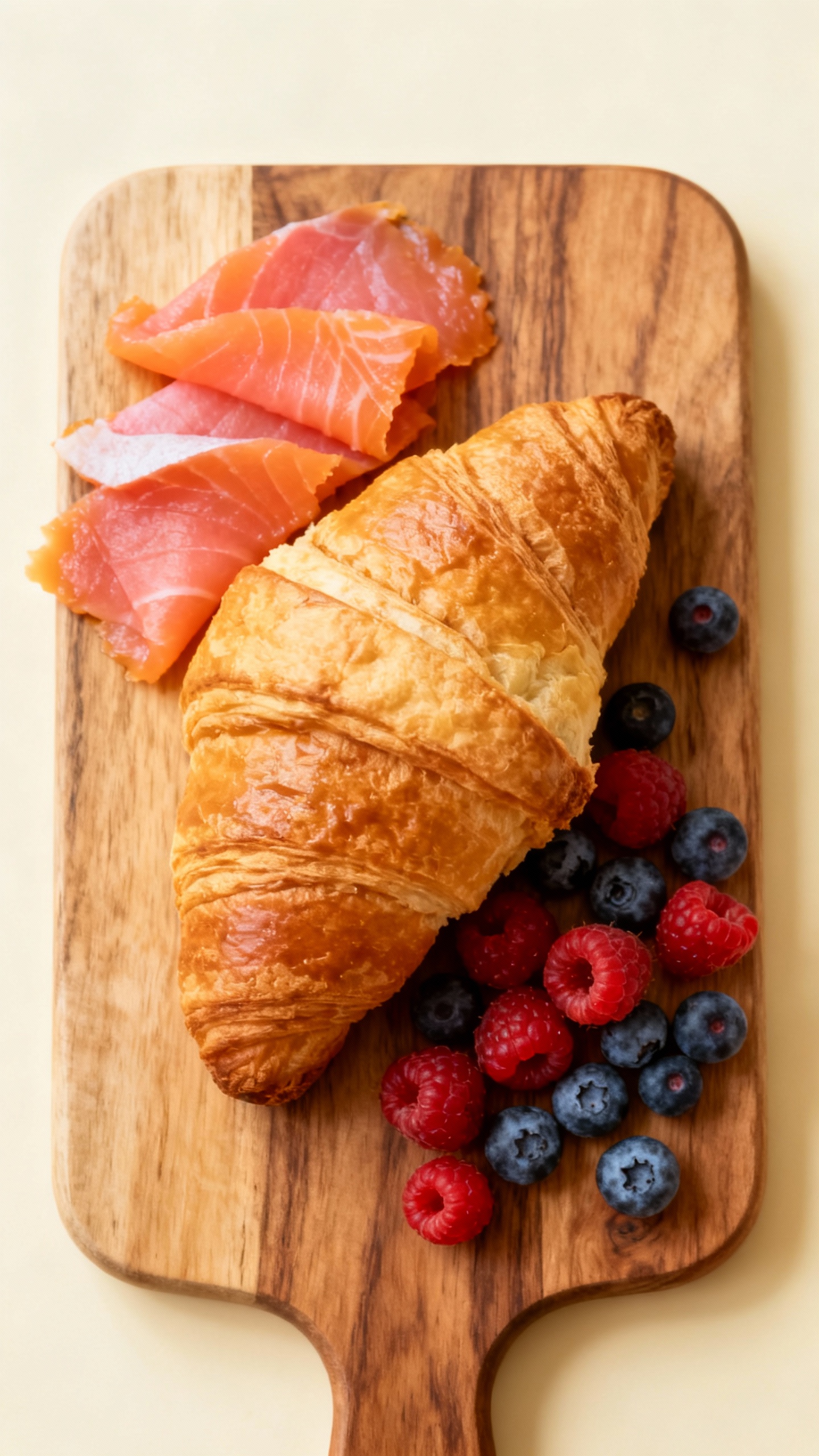 croissant breakfast board with smoked salmon and berries, overhead