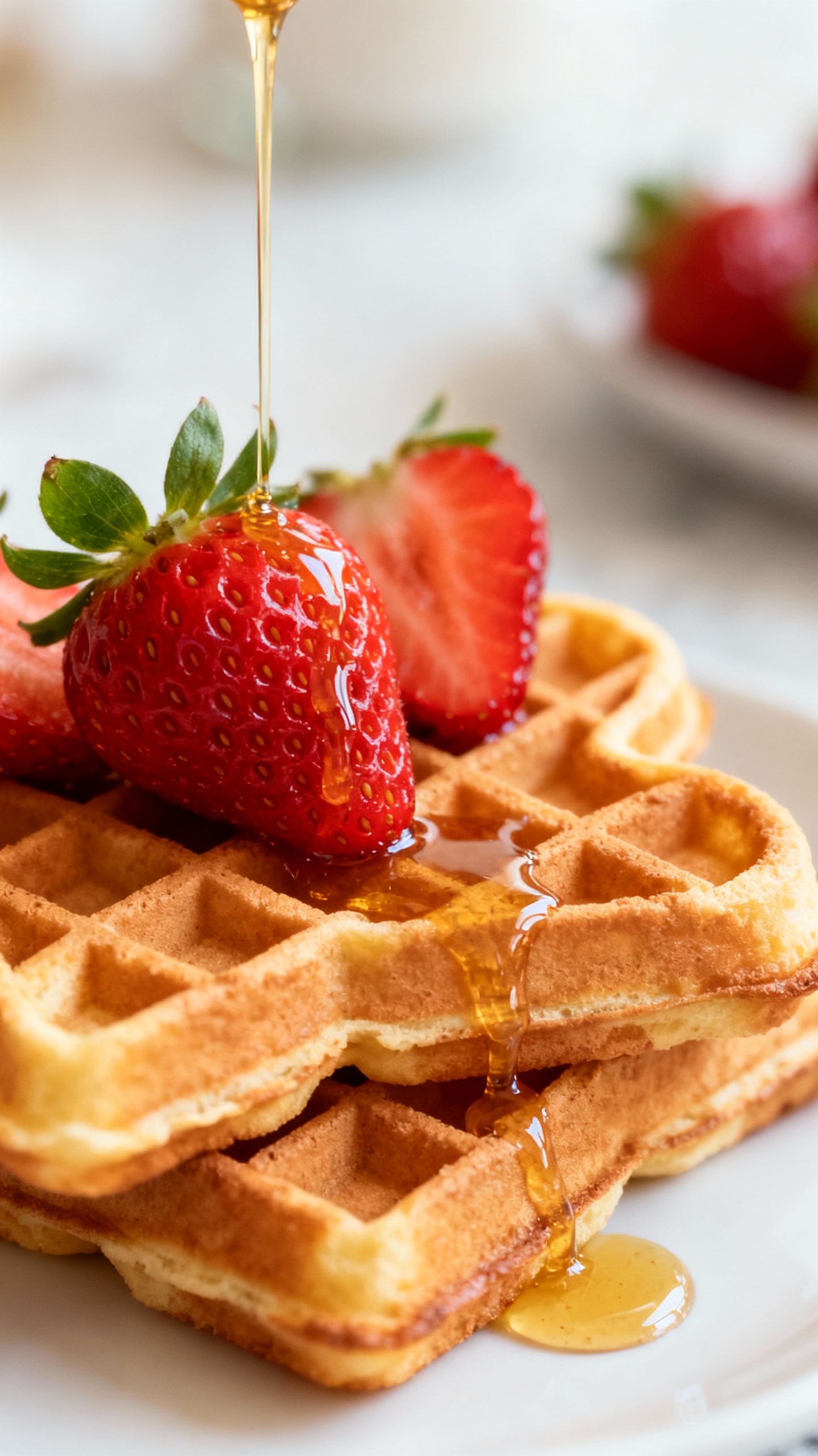 heart-shaped waffles with strawberries and honey, natural light