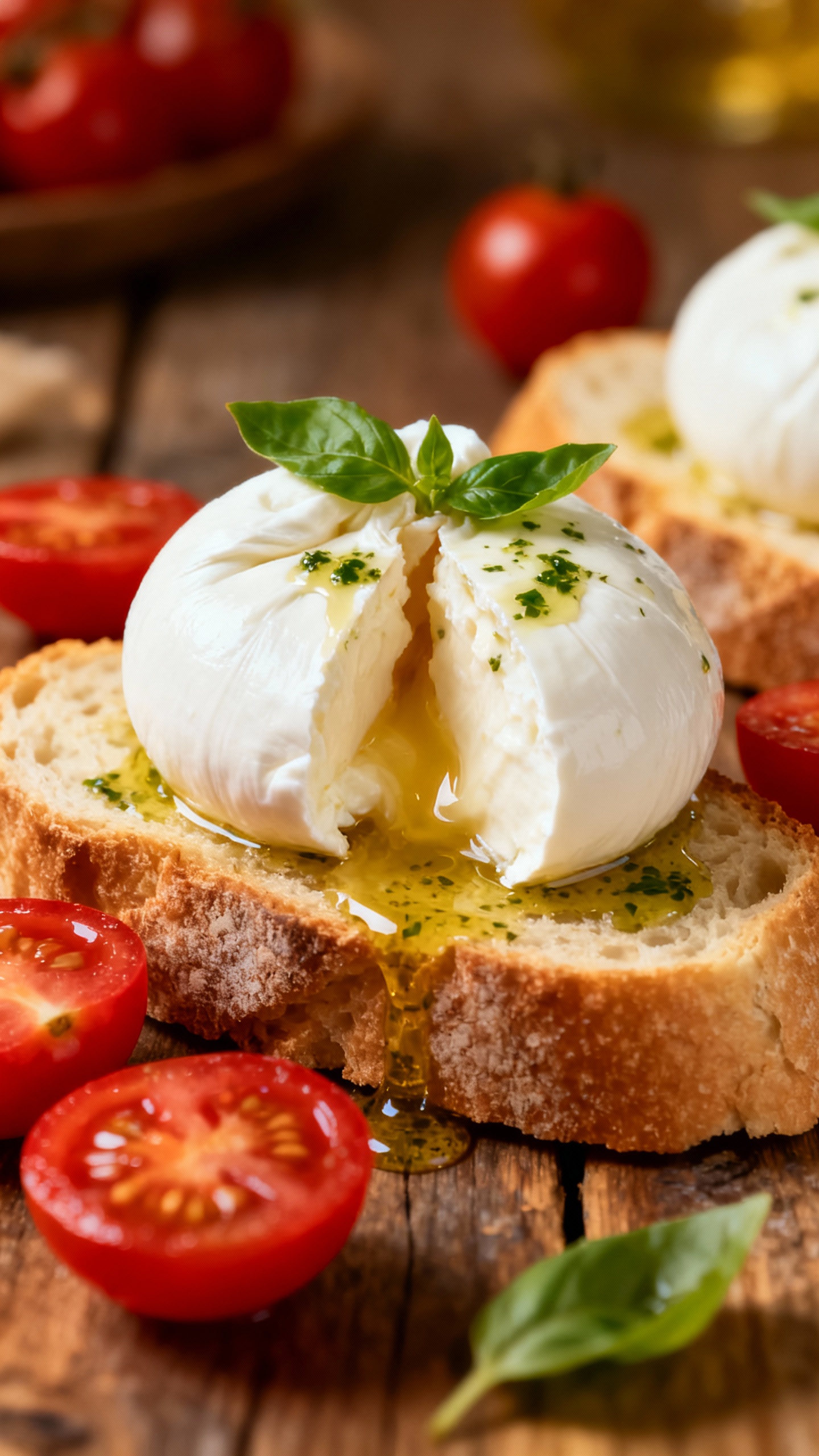 burrata with tomatoes and basil oil on crusty bread