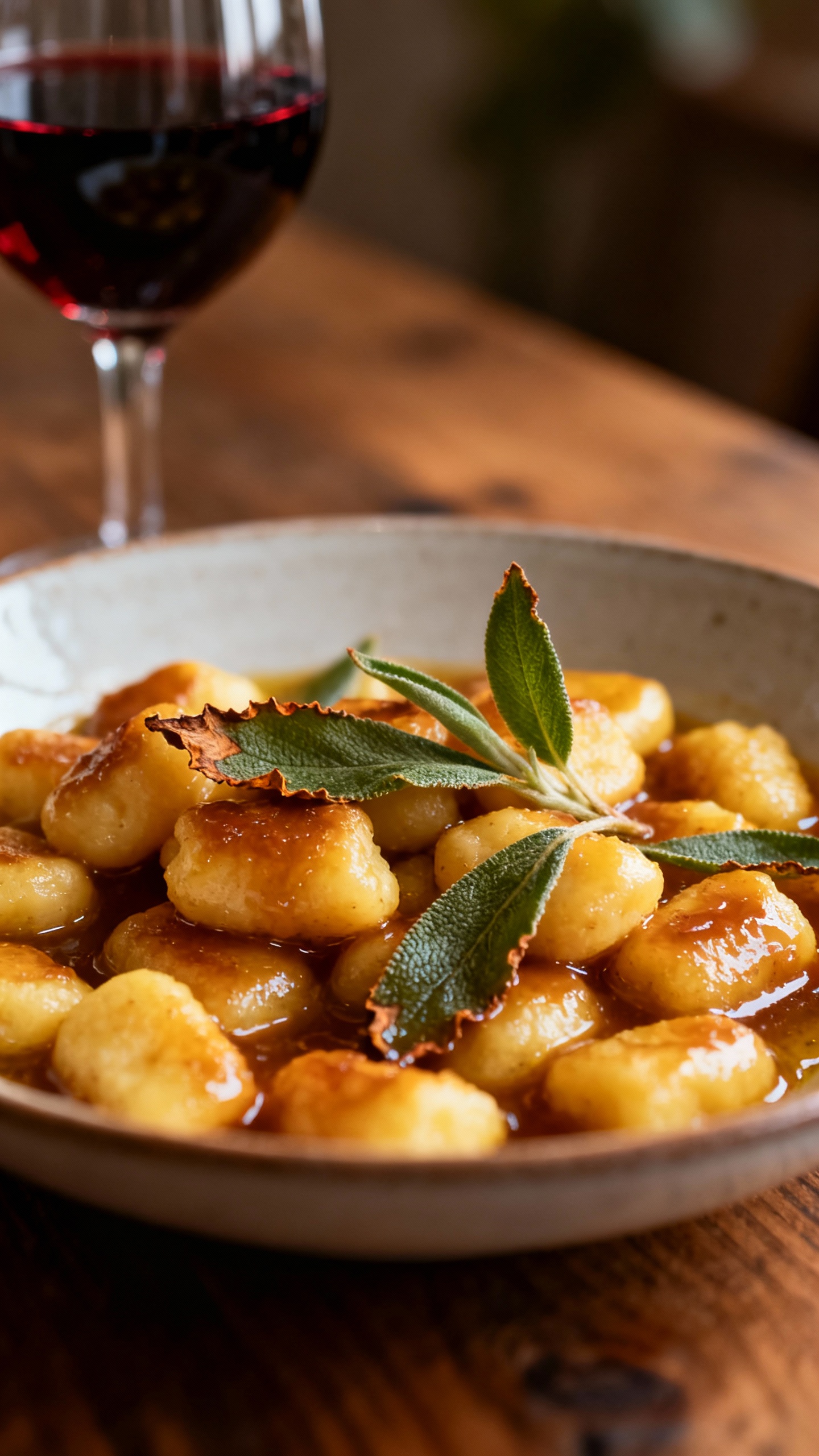 gnocchi in brown butter and sage with pinot noir