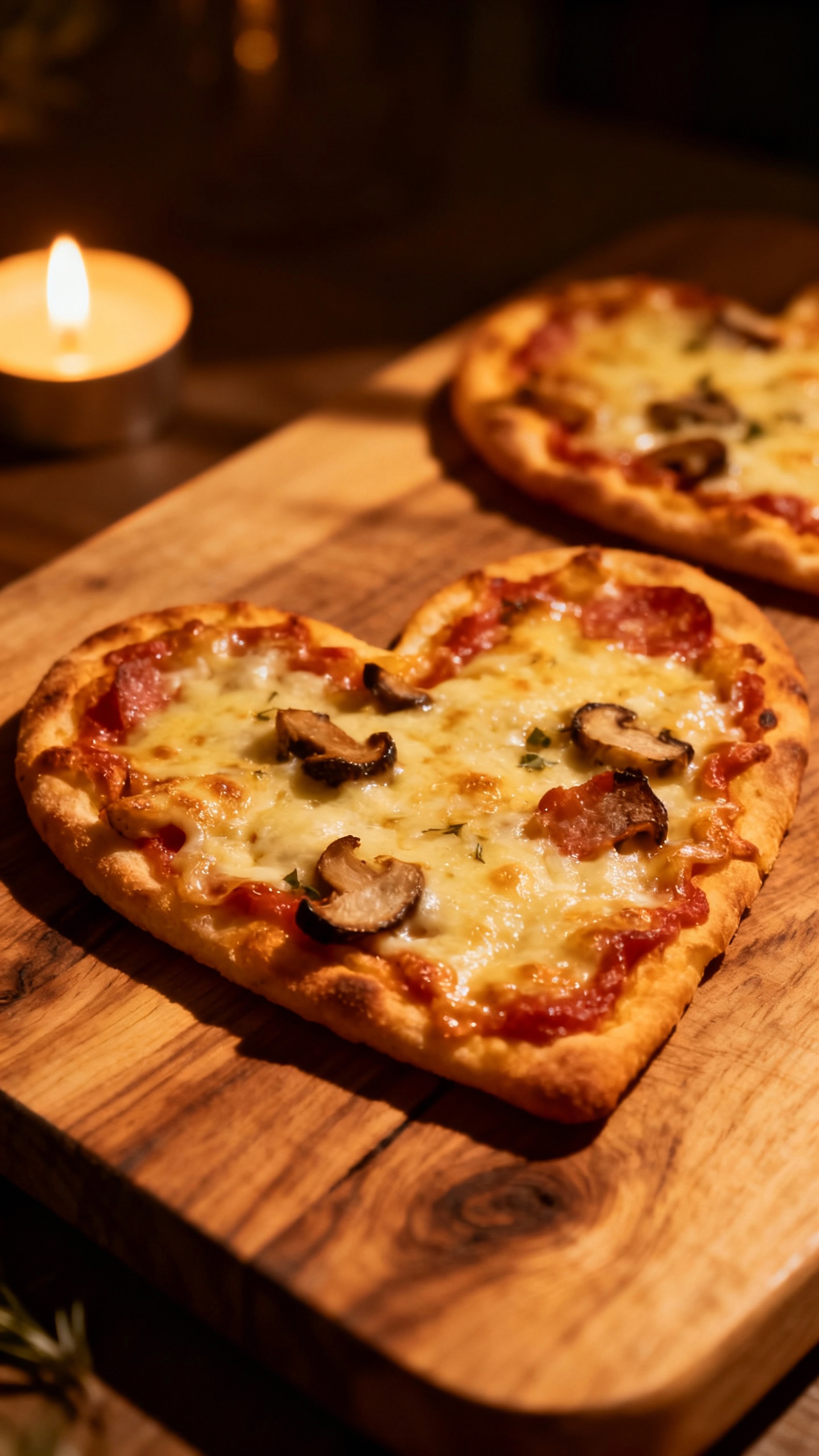 homemade heart-shaped pizzas on wooden board, candlelight