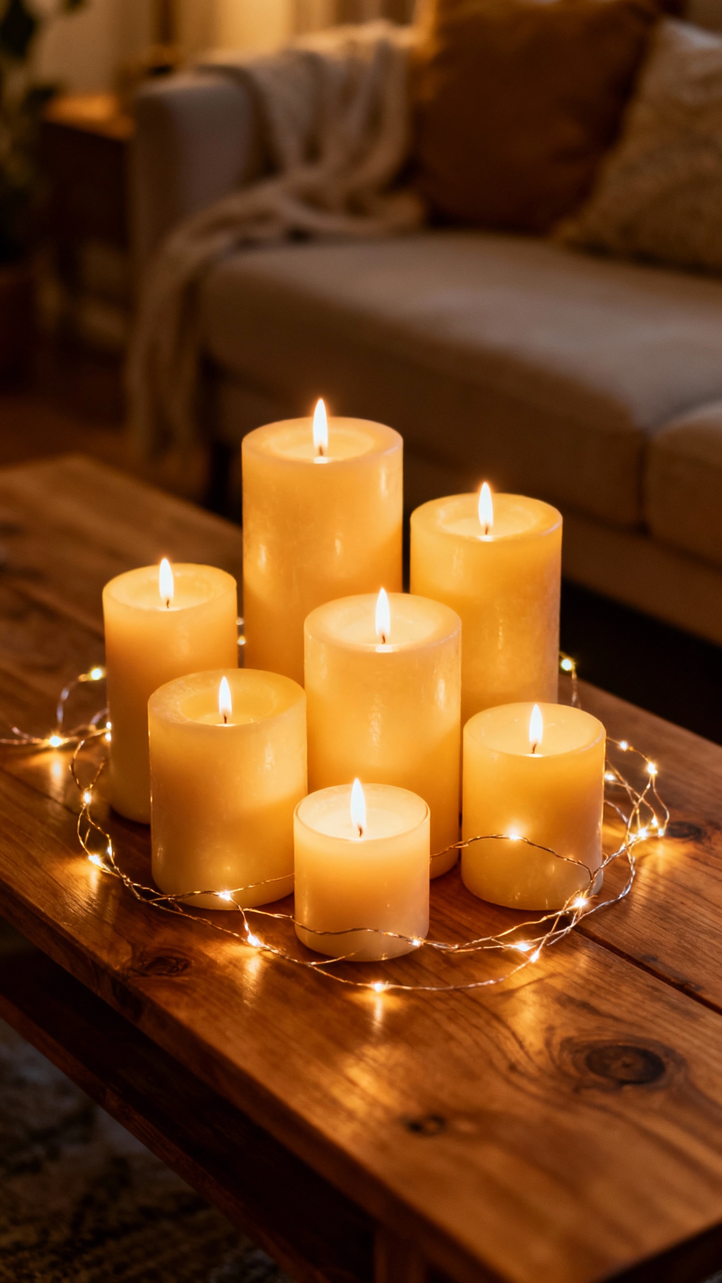Warm candle cluster on coffee table with fairy lights