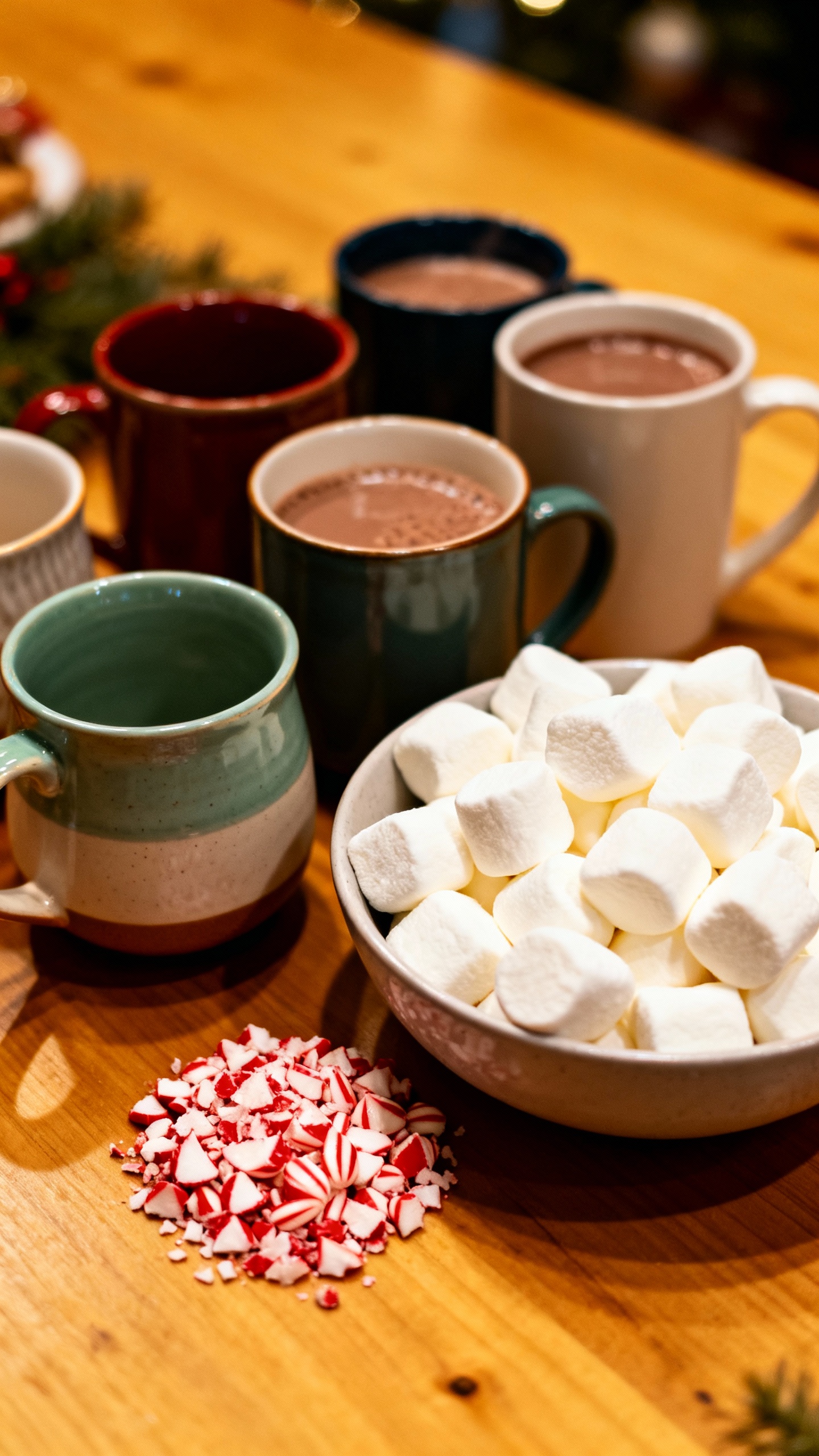DIY hot chocolate bar with mugs, marshmallows, peppermint toppings