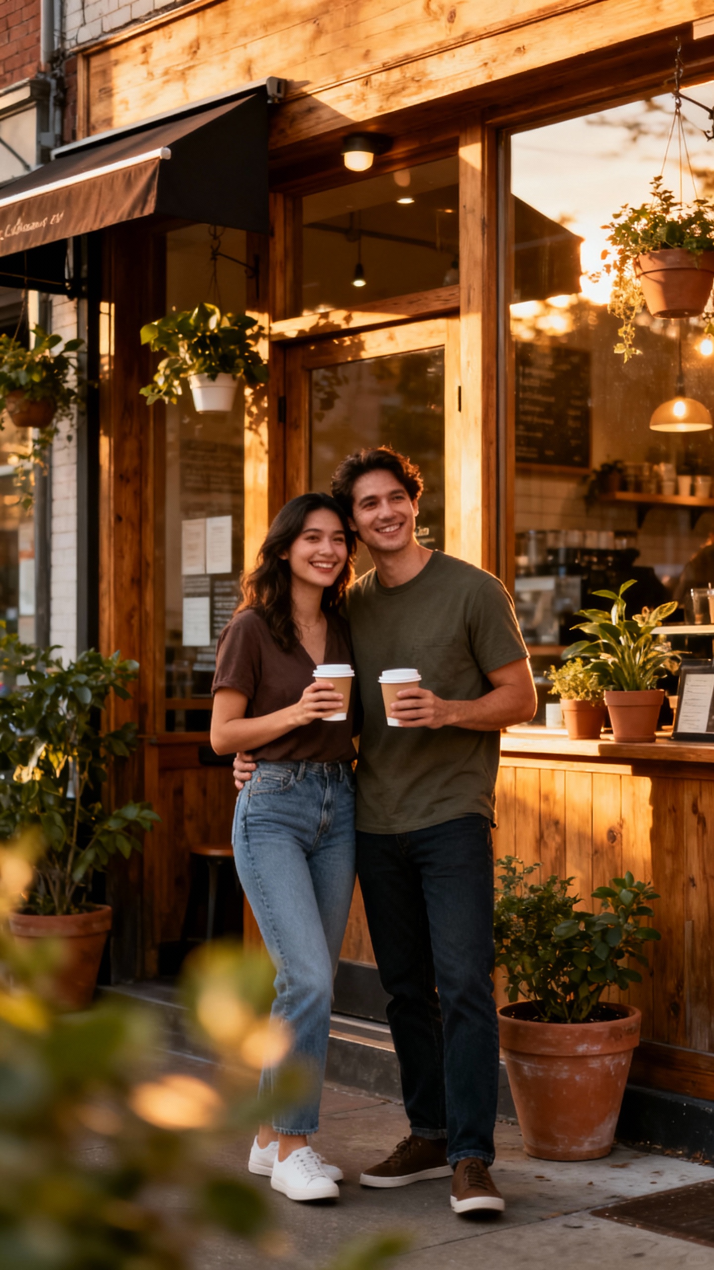 couple holding takeaway coffees outside cozy neighborhood café