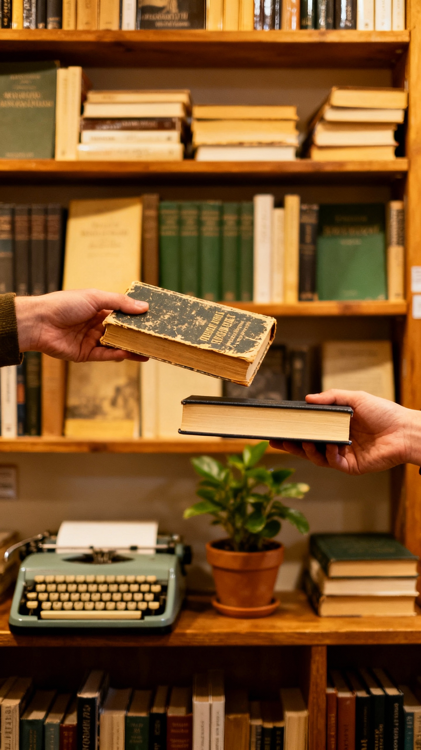 two hands exchanging books in small independent bookstore