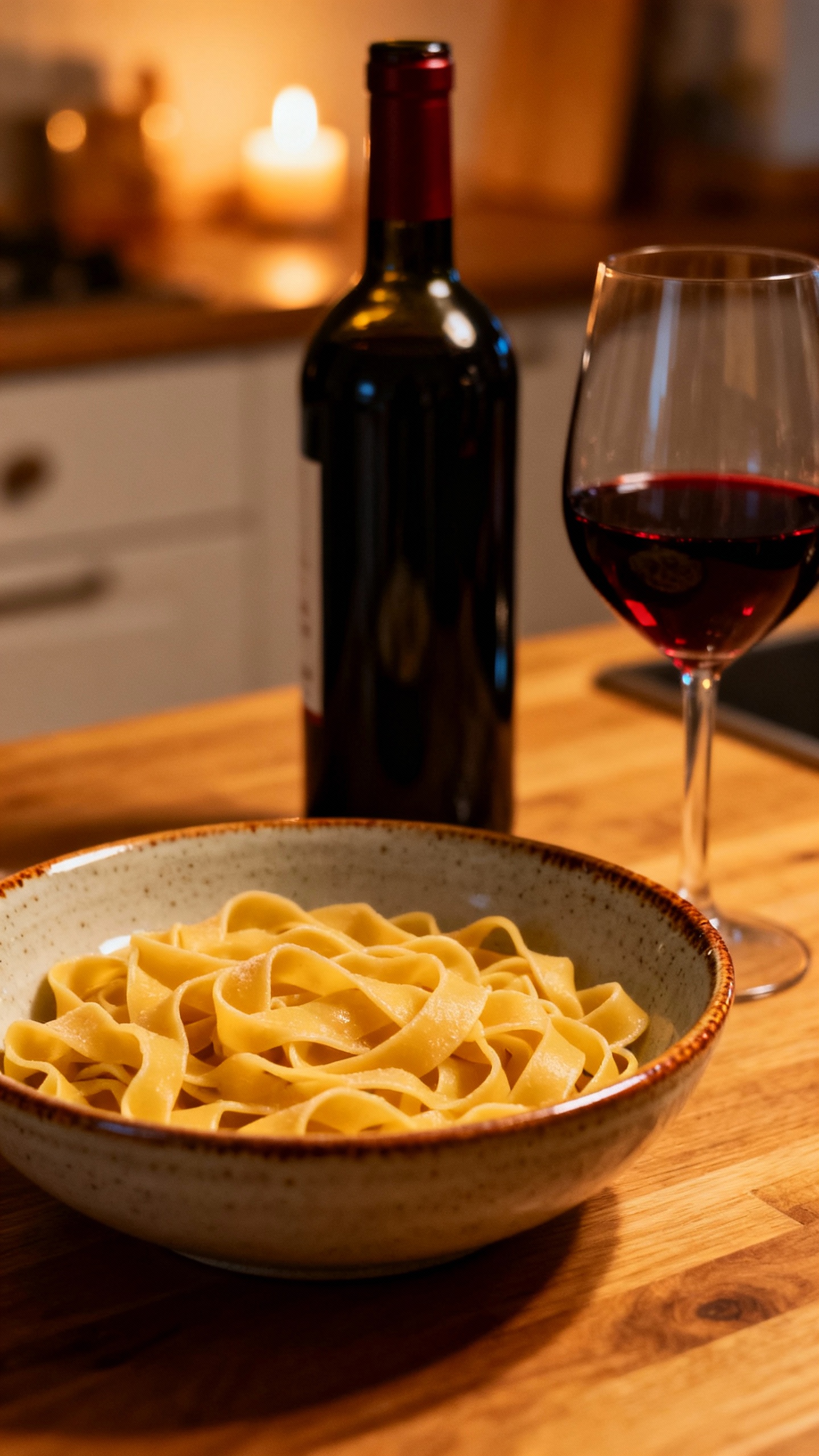 candlelit kitchen counter with fresh pasta and red wine
