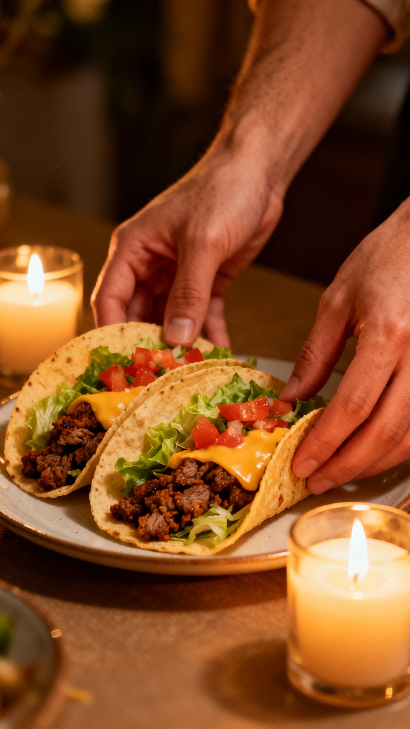 two hands plating tacos beside flickering candles