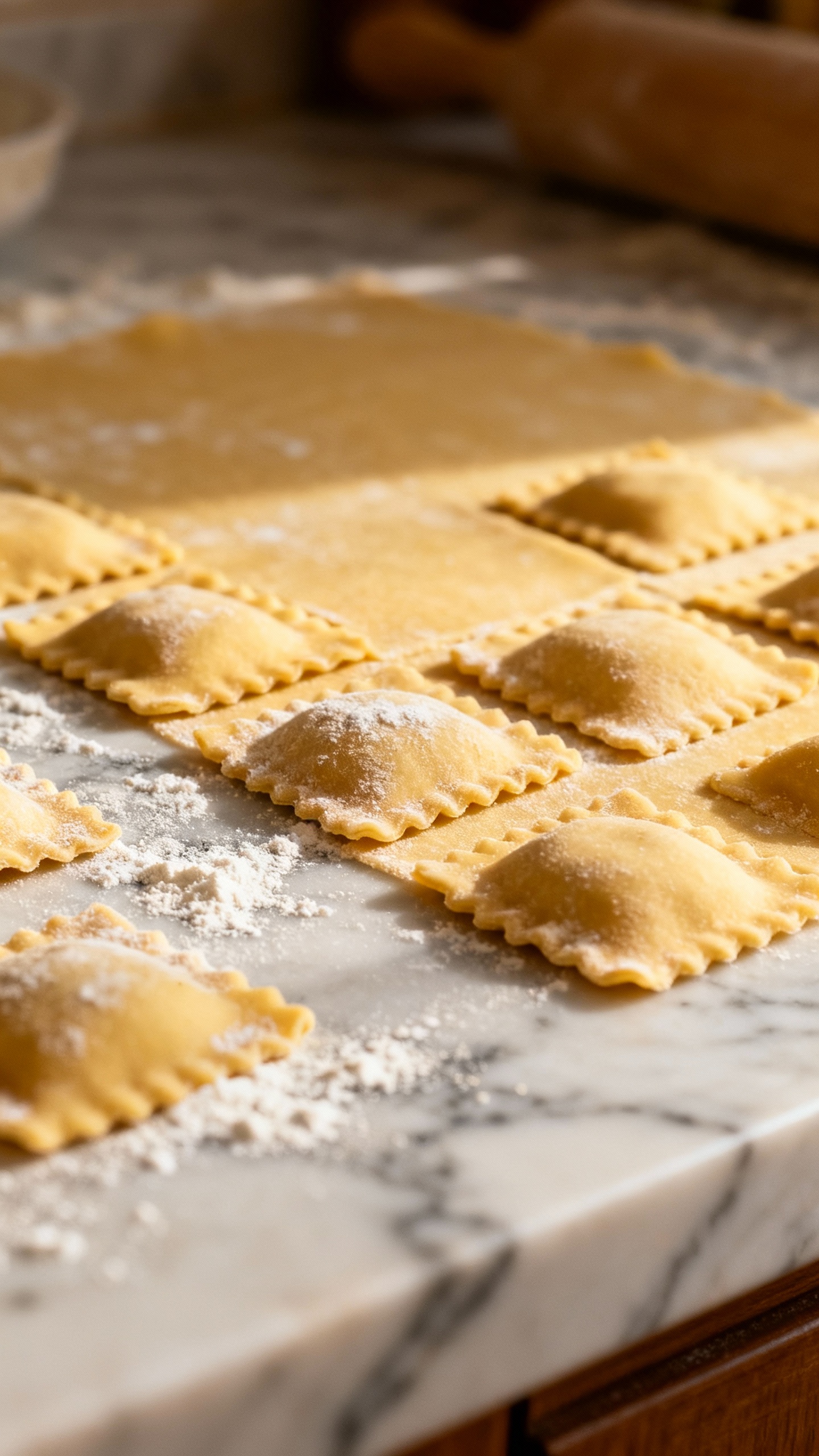 handmade ravioli dough on floured marble counter