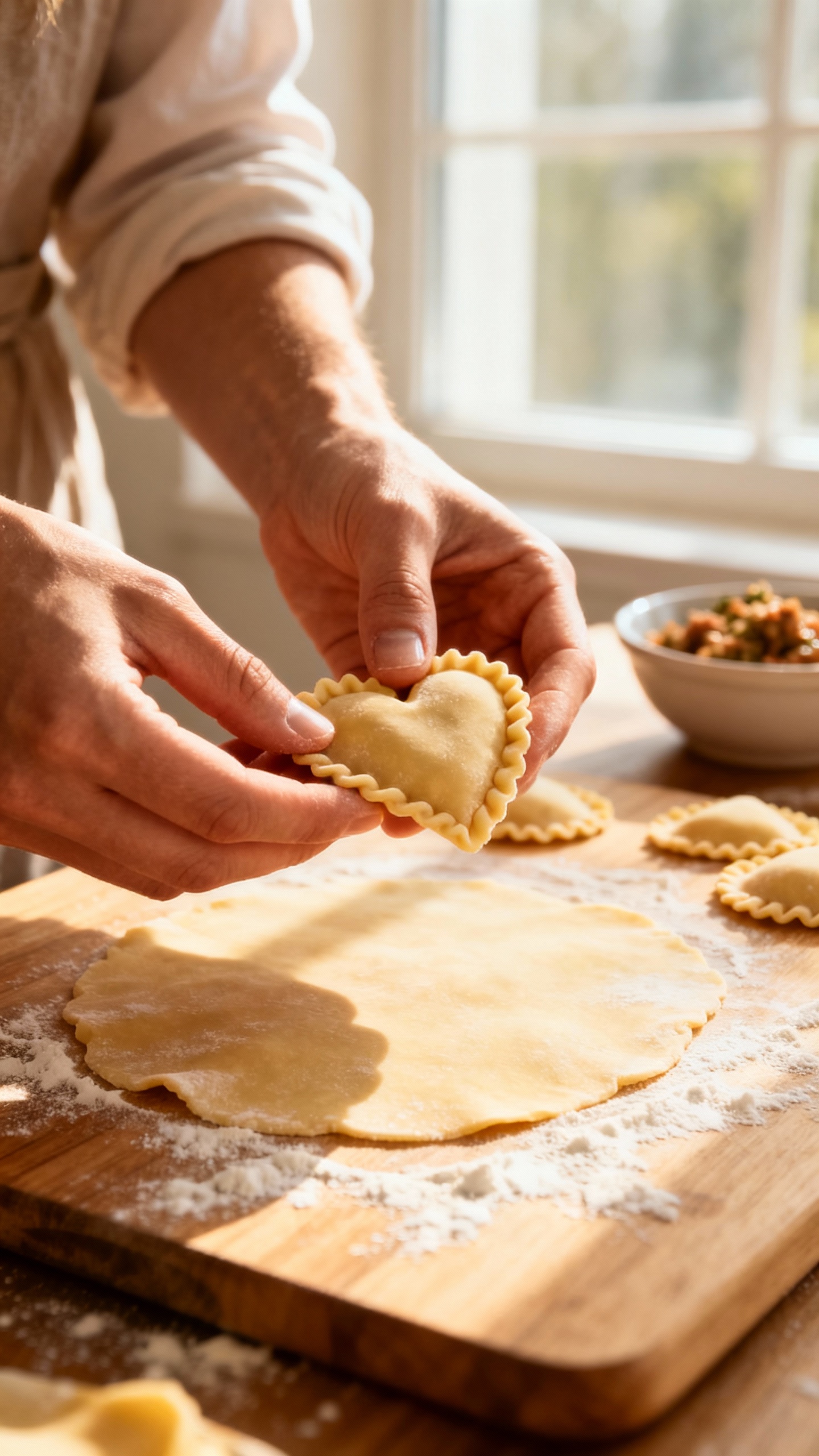 couple’s hands shaping heart ravioli, soft window light