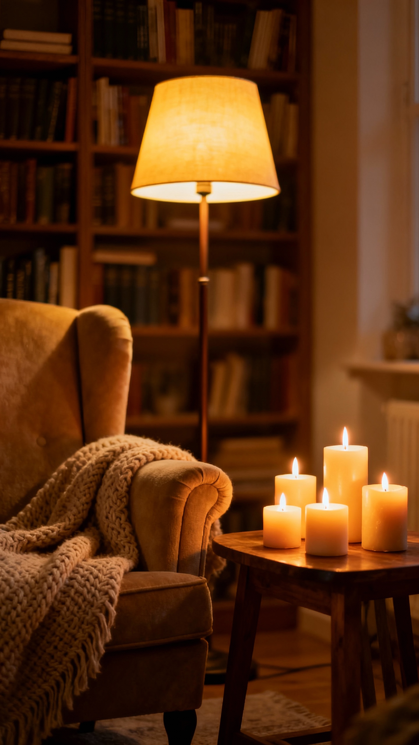 Cozy living room nook with candles and soft lamp lighting