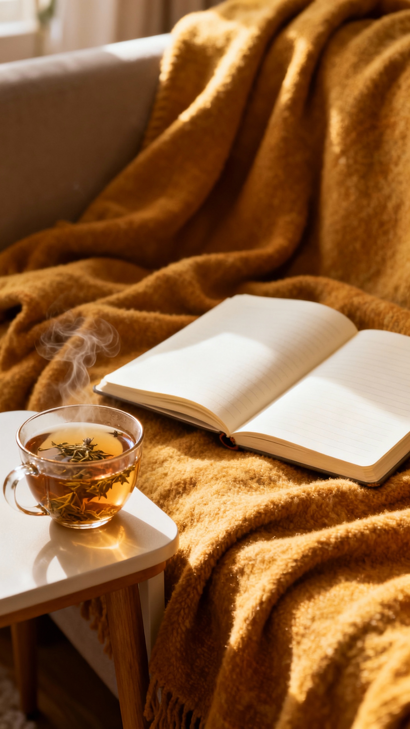 Warm blanket, open journal, herbal tea on small side table