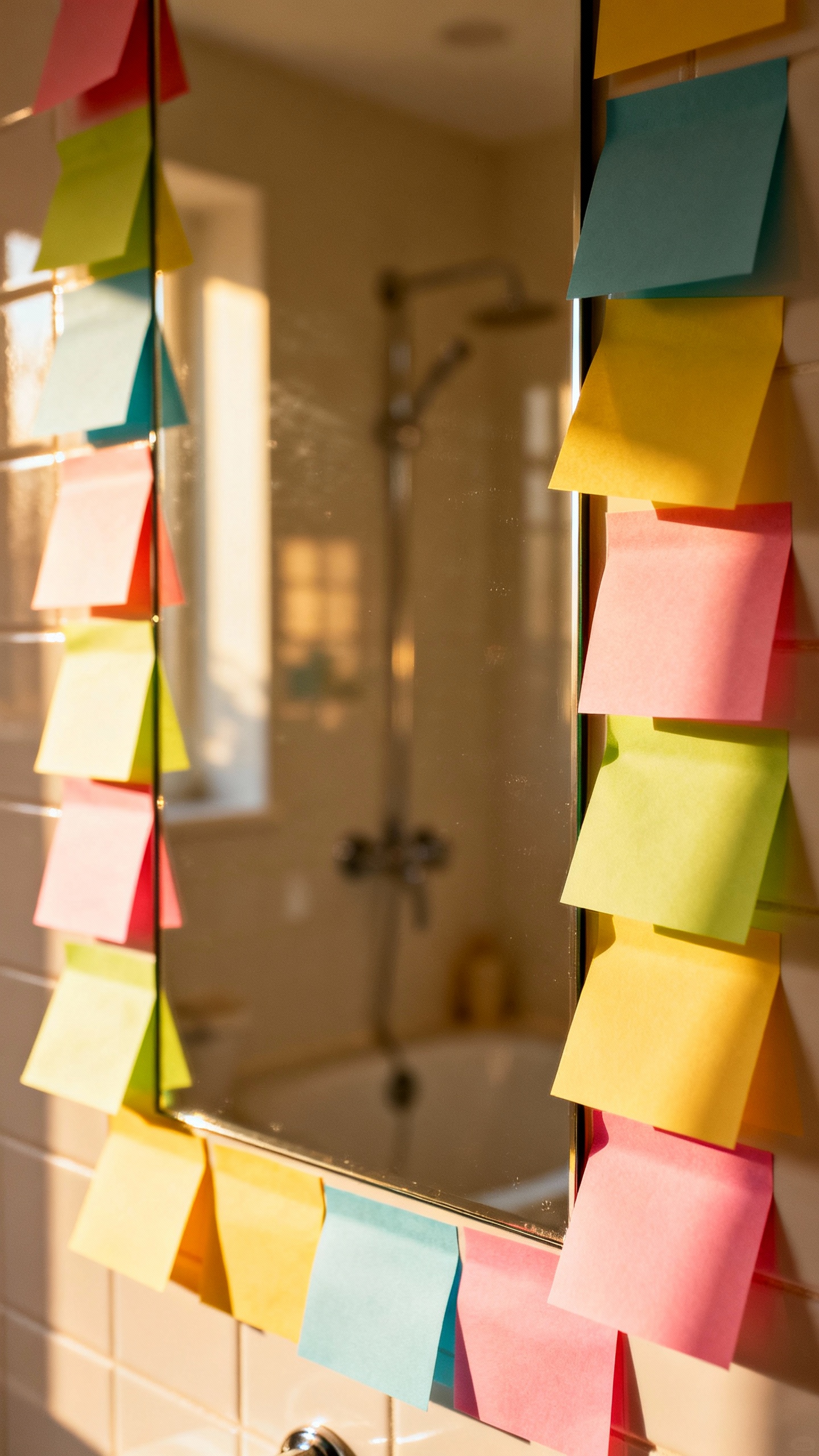 colorful sticky notes on bathroom mirror, soft morning light