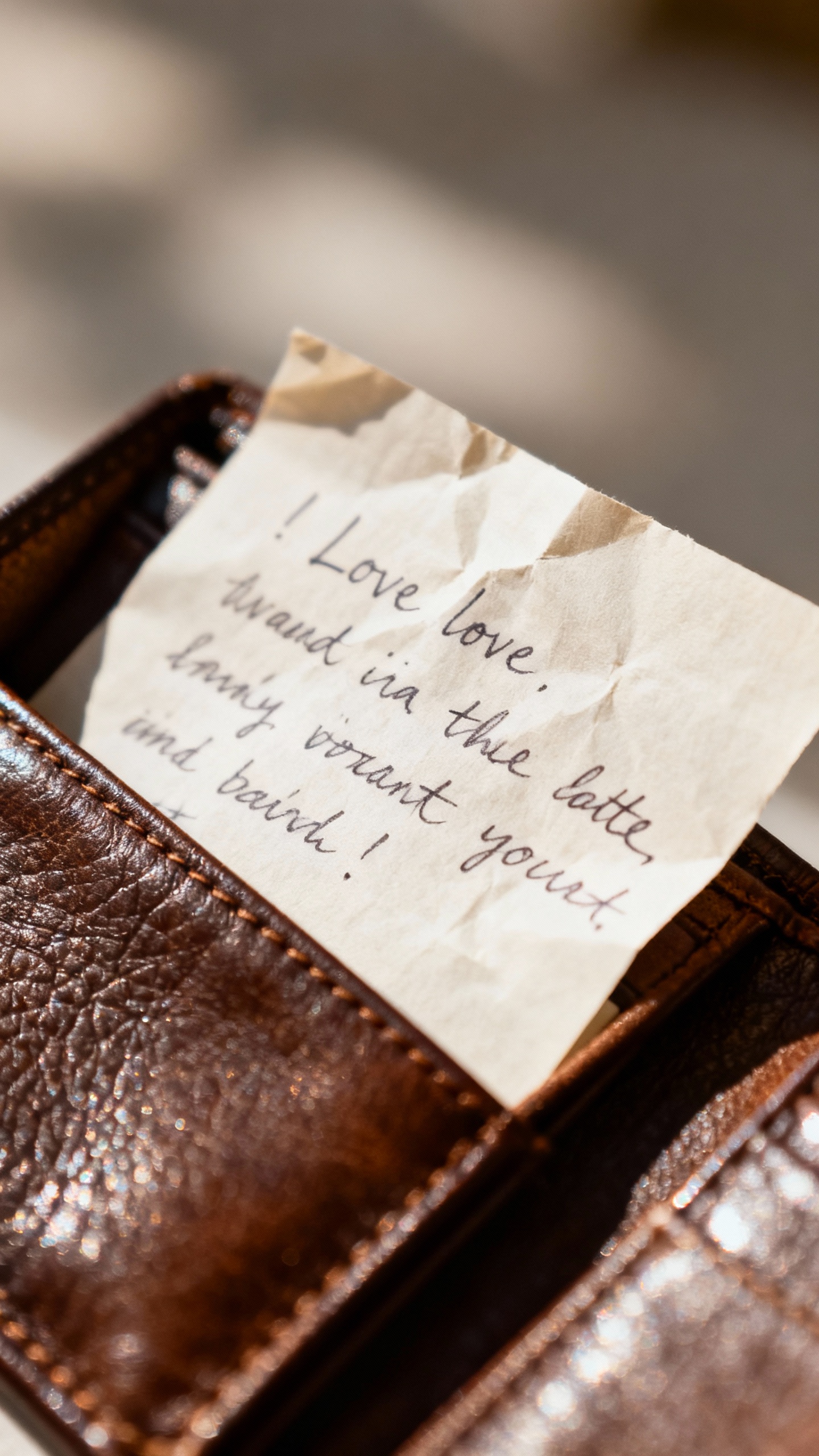 handwritten love note in wallet, shallow depth, natural light