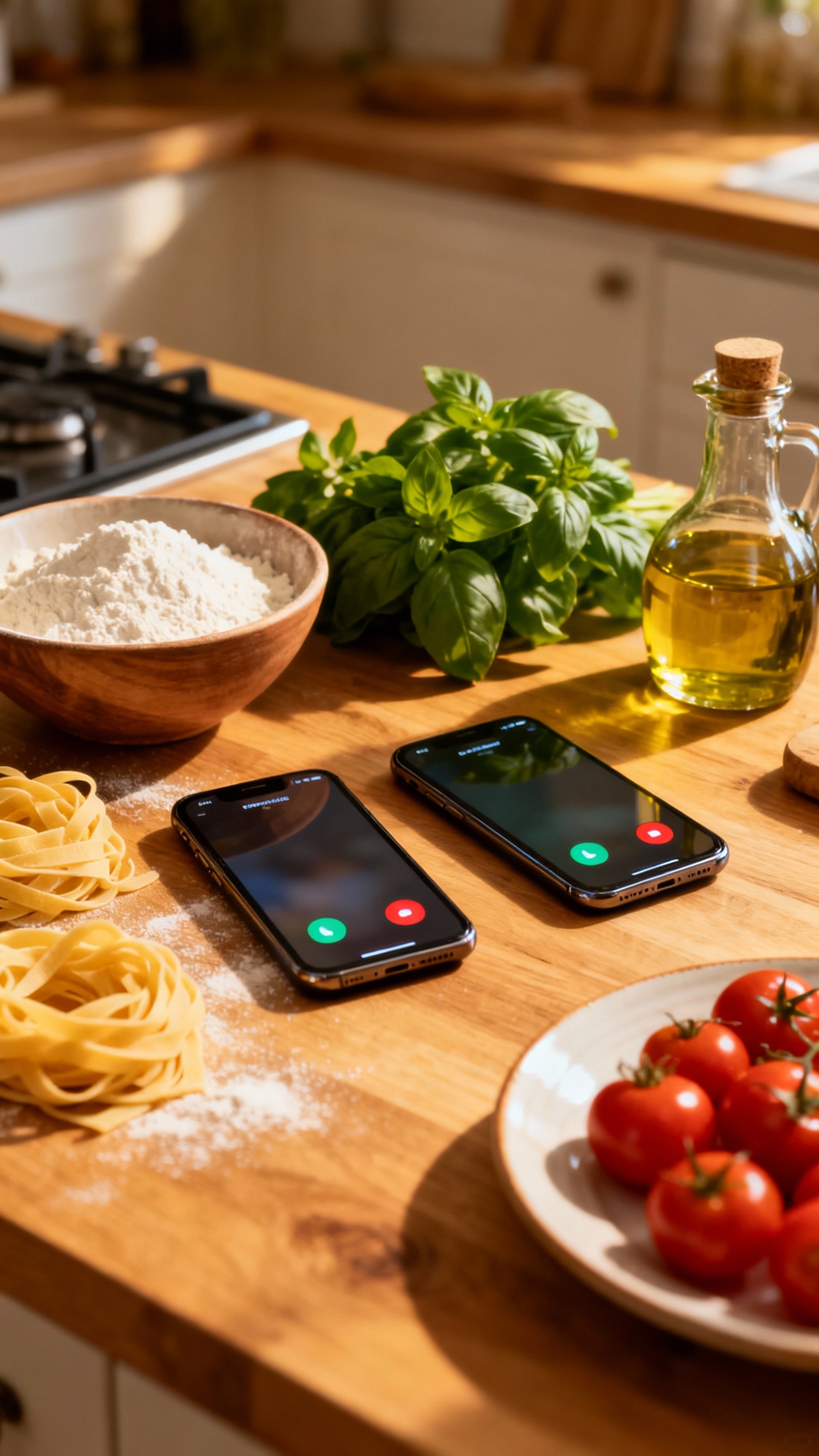 two phones on video call over pasta ingredients, warm lighting