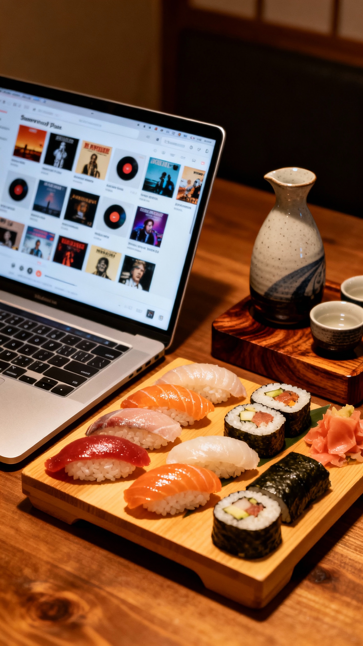 laptop showing shared playlist beside sushi and sake set