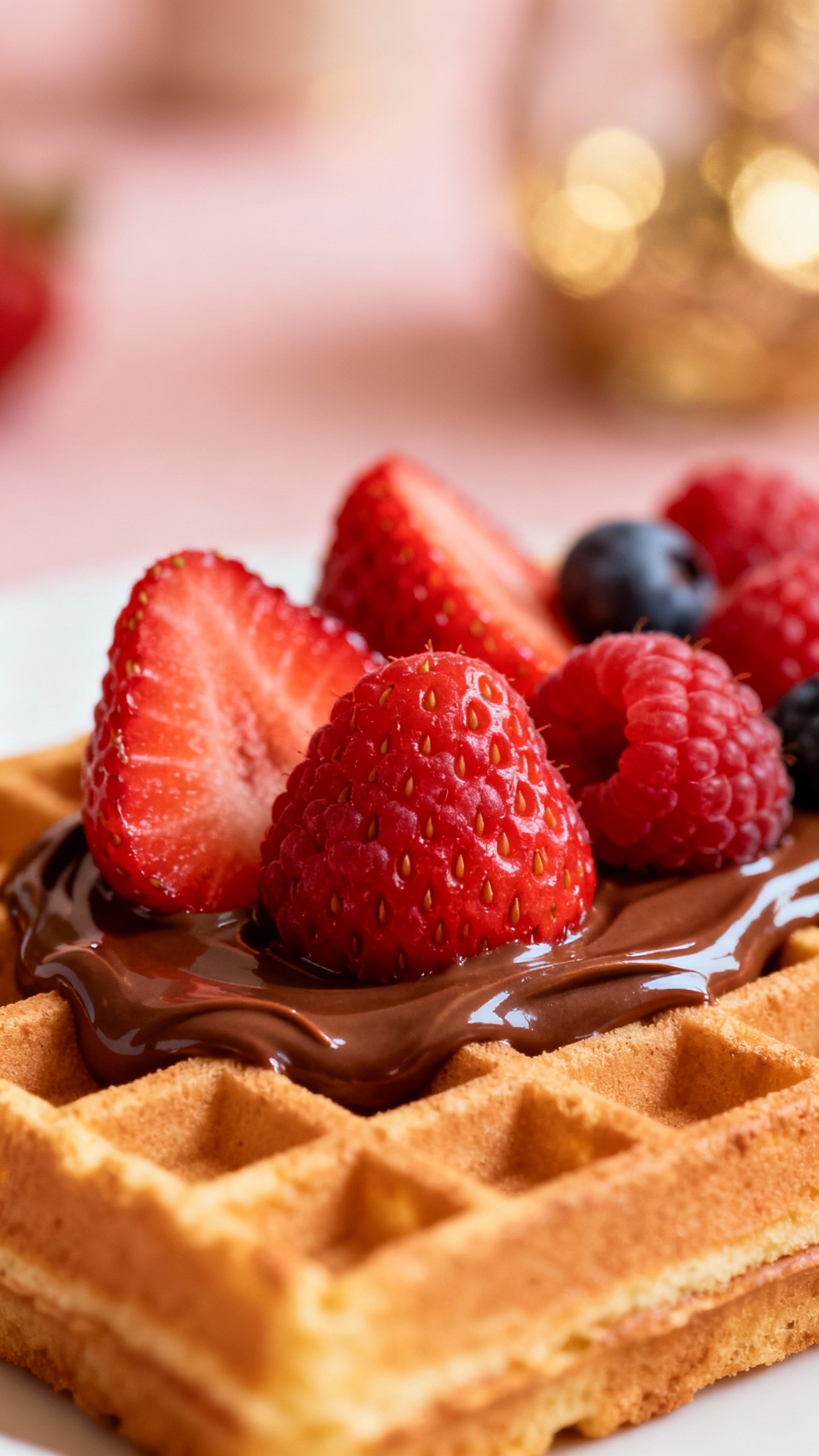 Blush-red-gold waffle bar with berries and Nutella