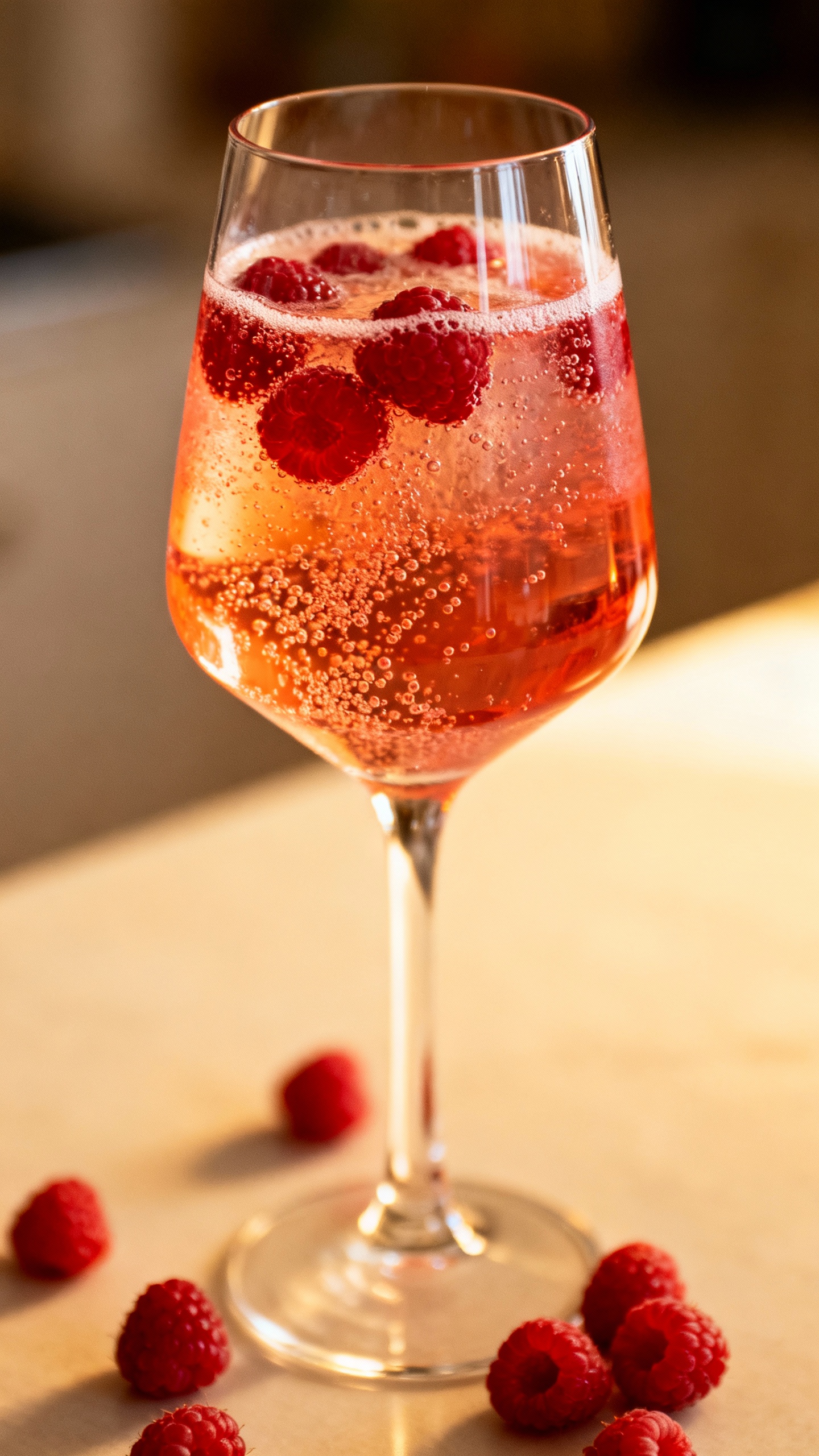 Prosecco blood-orange spritz with raspberries, elegant glassware