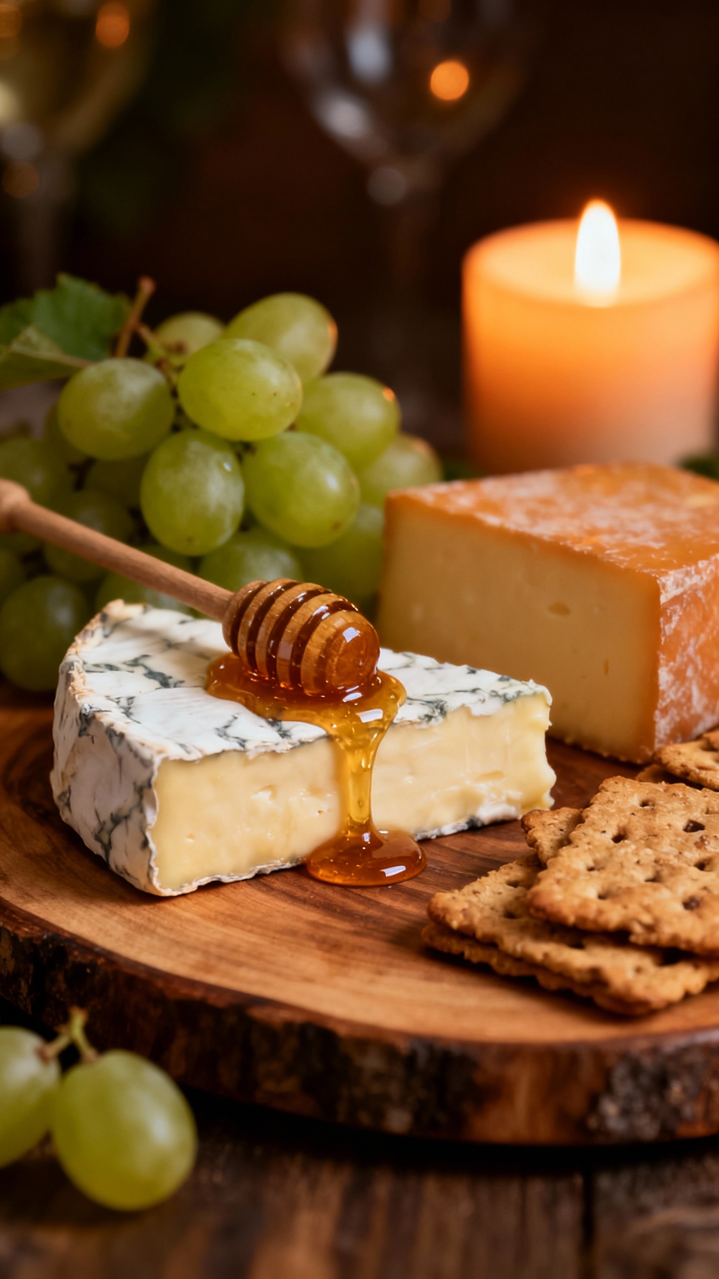 Candlelit cheese board with honey, grapes, and crackers