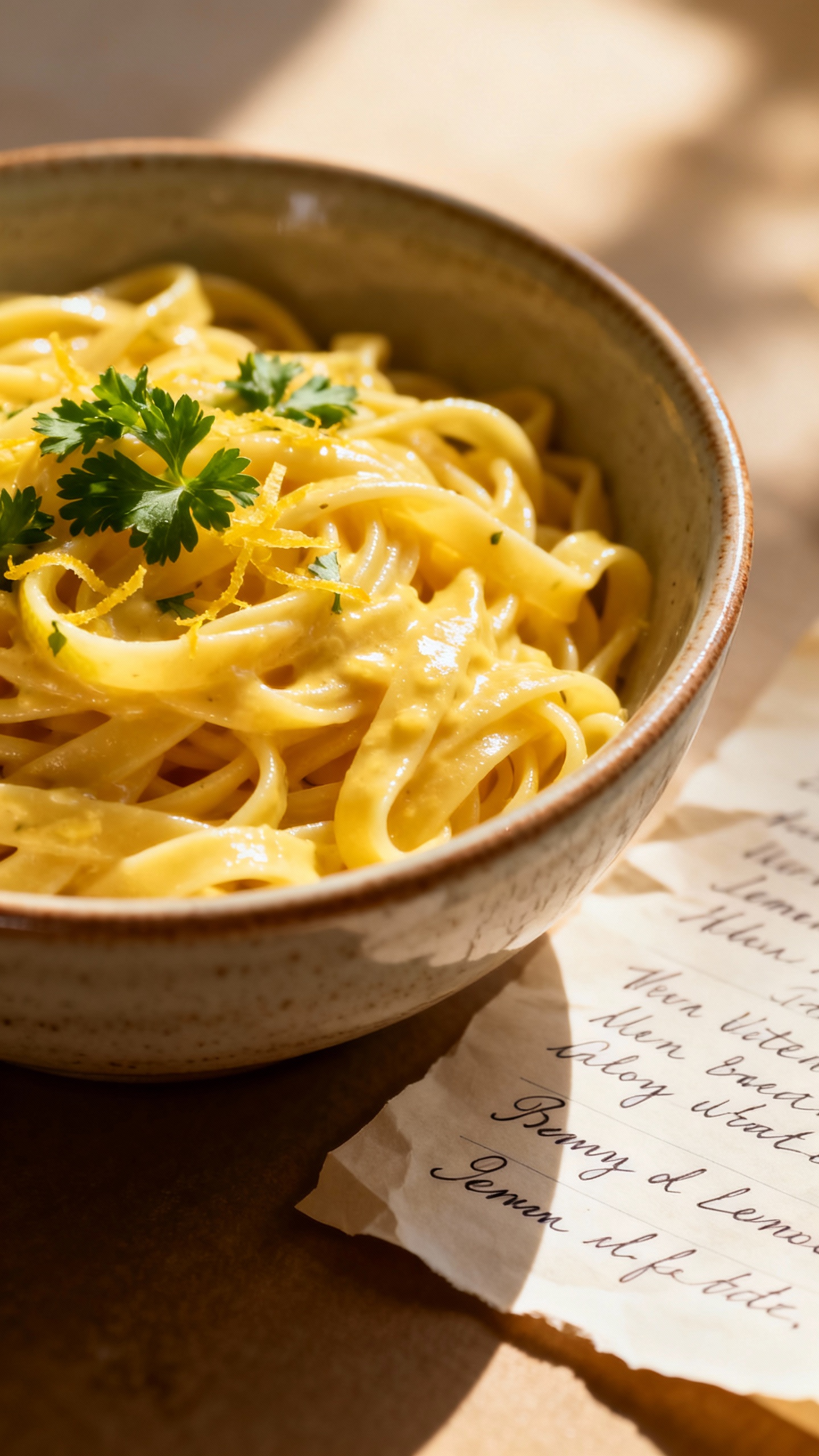 Lemon butter pasta in bowl beside handwritten menu